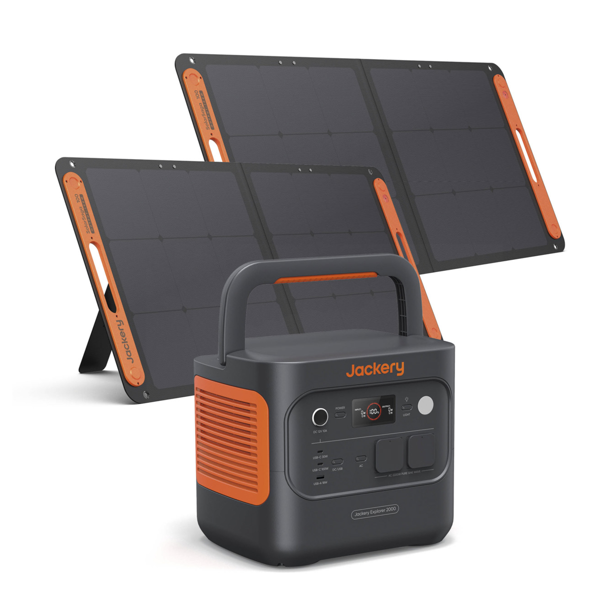 Powerstation 2042 Wh, 2200 W mit 2 faltbaren 100-W-Solarpanels und LiFePO4-Batterie