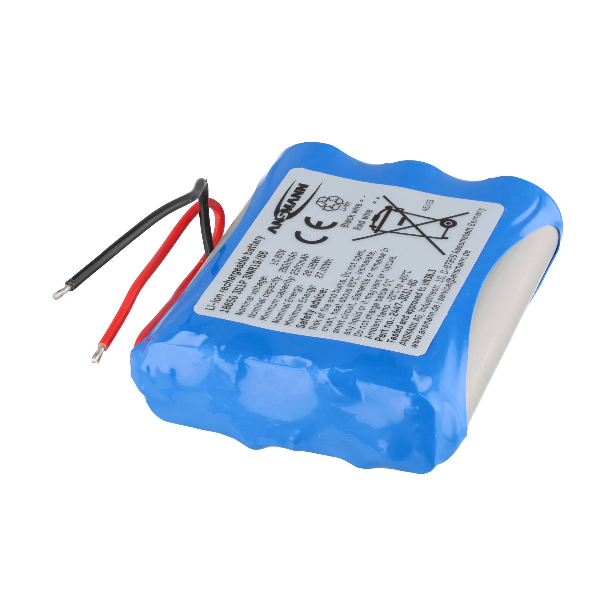 2550mAh Li-Ion Akku 10,8V, 69,7x56,1 x18,7mm, 3S1P ohne PCB, ohne NTC Schutz, mit Kabel 3INR19/66