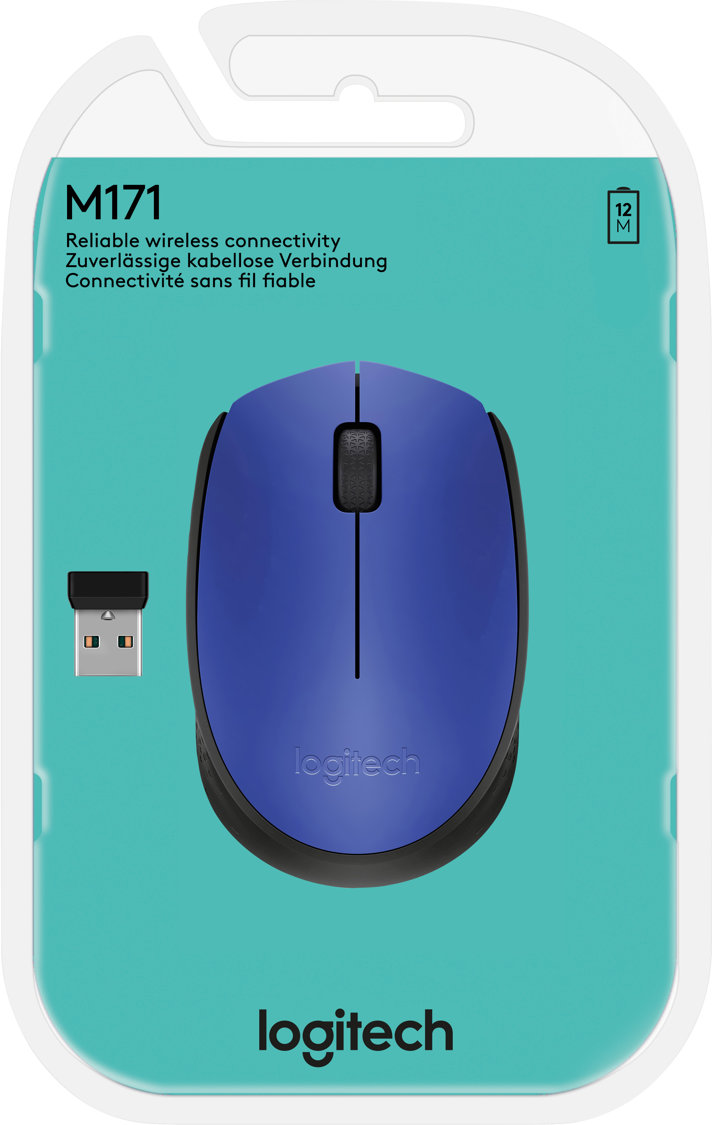 Logitech Maus M171, Wireless, blau Optisch, 1000 dpi, 3 Tasten, Retail