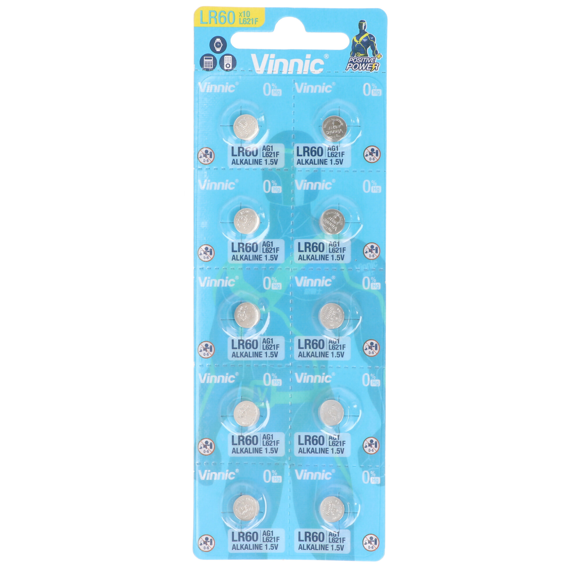 10 Stück AG1 Alkaline-Einweg-Batterie Type G1, AG1, L621, LR60, 6,8x6,8x2,15mm