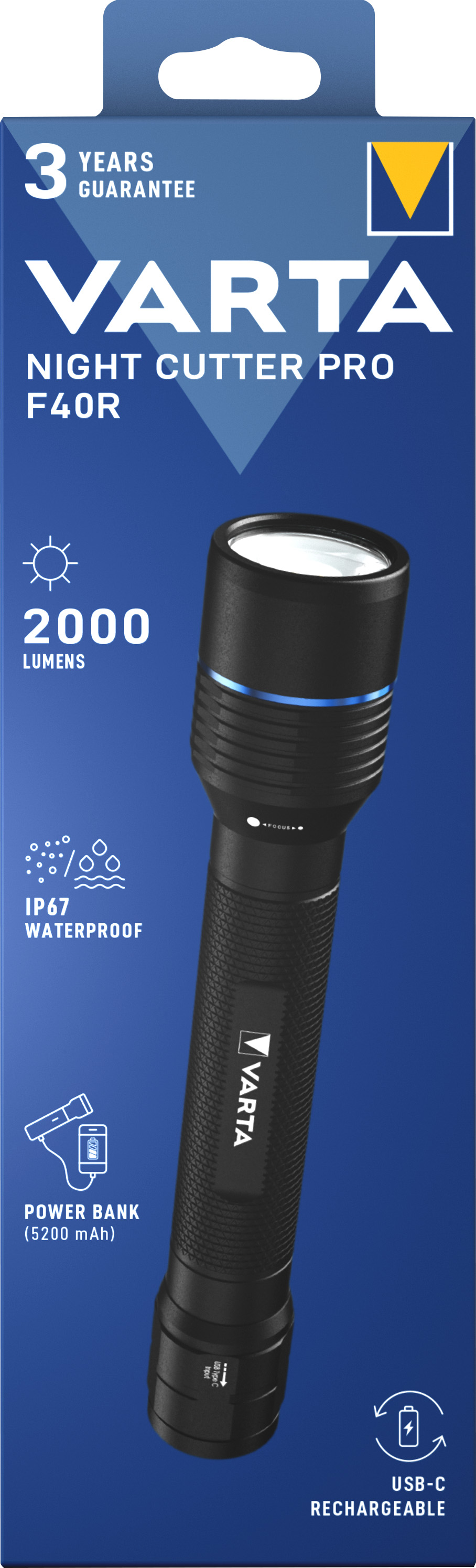 VARTA LED Taschenlampe Night Cutter Pro F40R – 2.000 Lumen, wiederaufladbar, mit Powerbank-Funktion