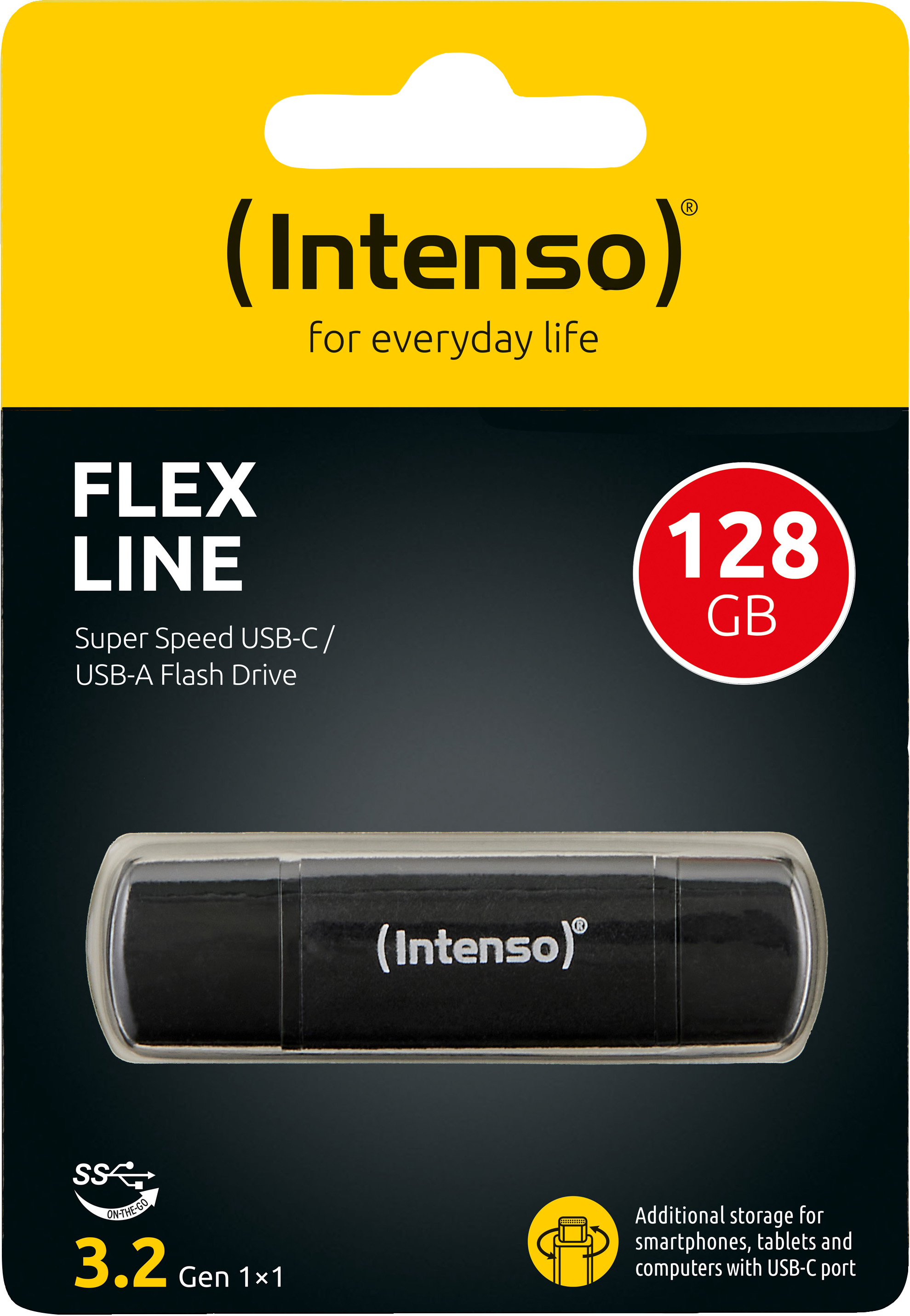 Intenso USB 3.2 Stick 128GB, Flex Line, schwarz Typ-A/Typ-C, (R) 70MB/s, Retail-Blister