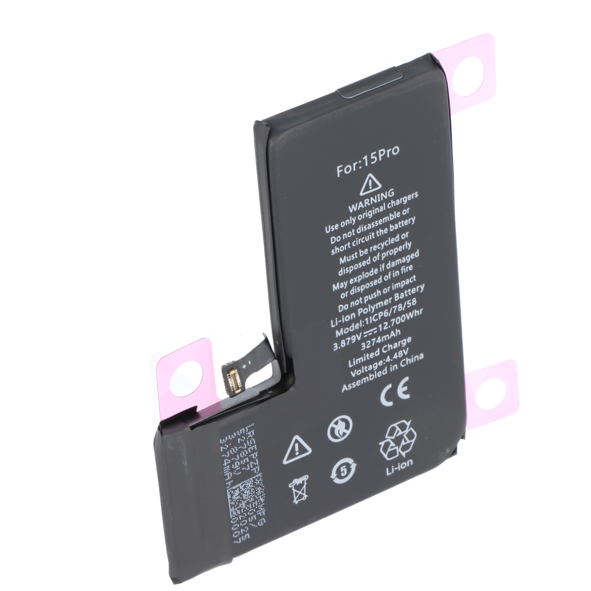 Akku passend für Apple iPhone 15 Pro, Li-Polymer, 3,87V, 3274mAh, 12,7Wh, ohne Werkzeug