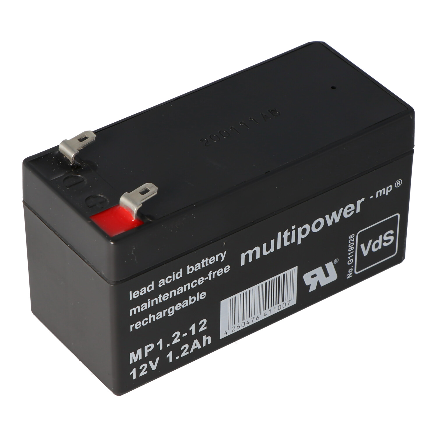 Multipower MP1.2-12 Blei Akku mit 4,8mm Faston Steckkontakten mit VDS Zulassung Abmessungen 97,00x43,00x53,00mm