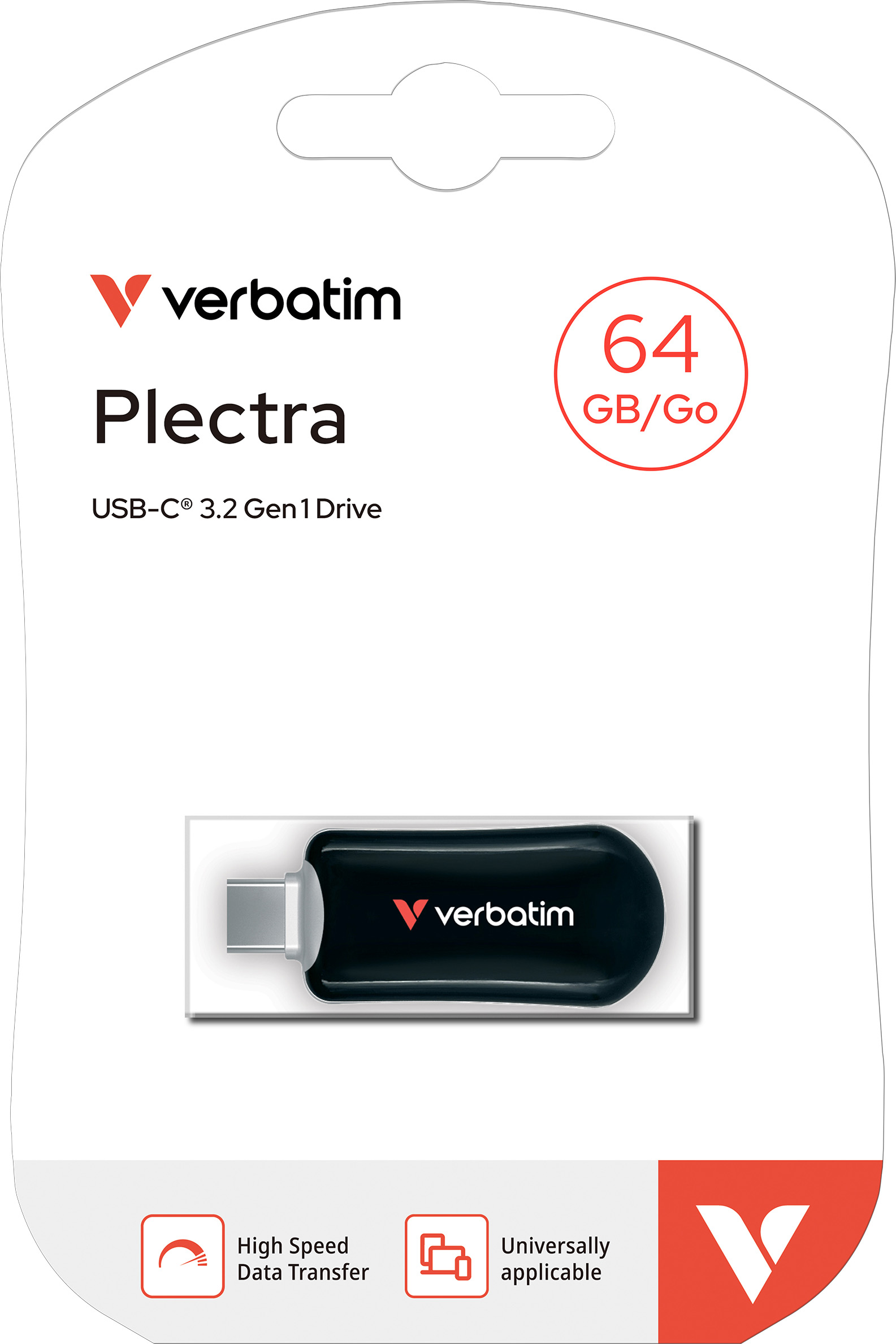 Verbatim USB 3.2 Stick 64GB, Plectra, schwarz Typ-C, (R) 100MB/s, (W) 25MB/s, Retail-Blister