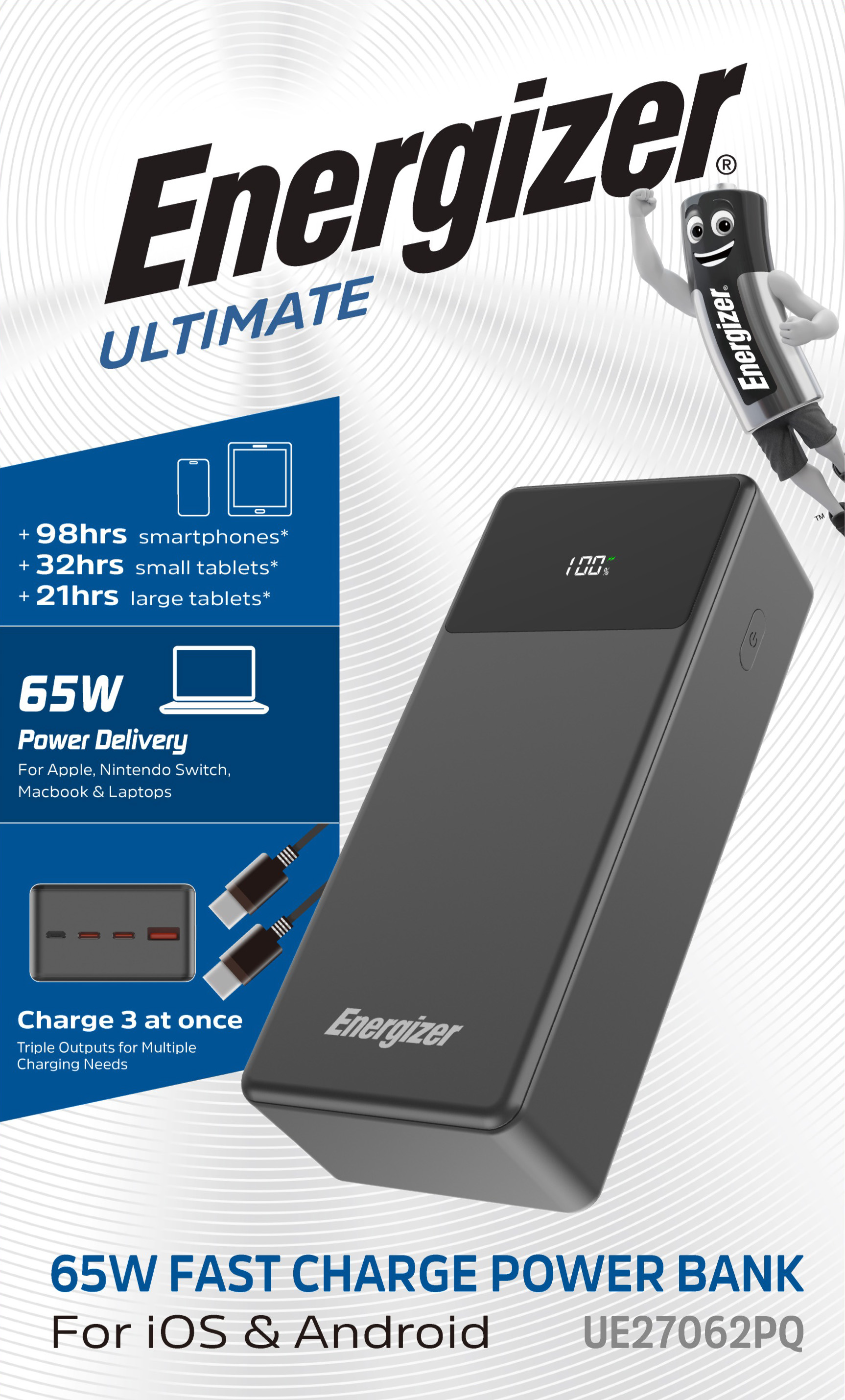 Energizer Akku Powerbank, 27.000mAh, UE27062PQ, schwarz Ultimate, 1x USB-A/Micro-B/2x USB-C PD, 65W, Retail