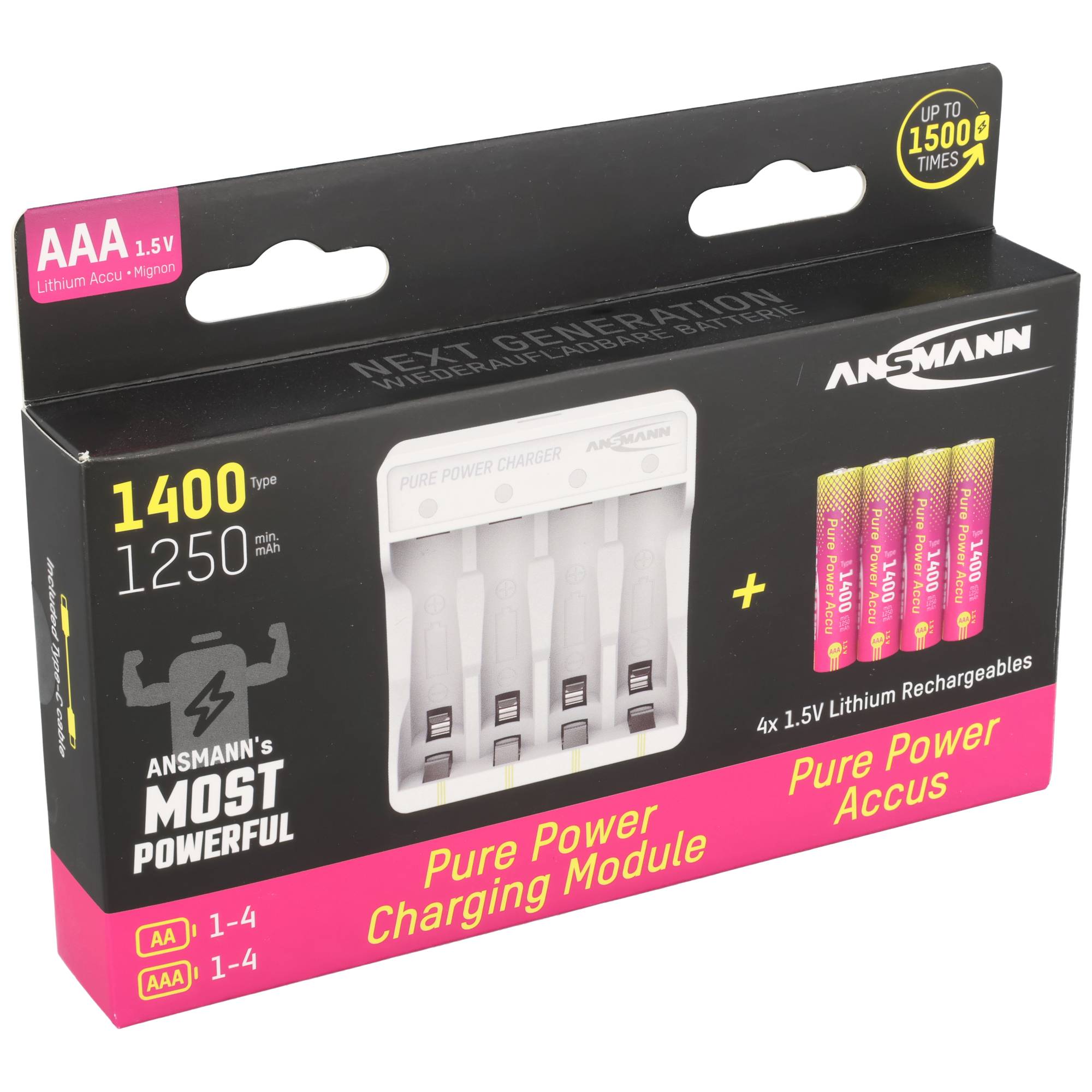Ansmann Pure Power Set, Ladegerät inkl. 4x Micro AAA 1,5V Li-Ion Akkus, inkl. USB-C Ladekabel