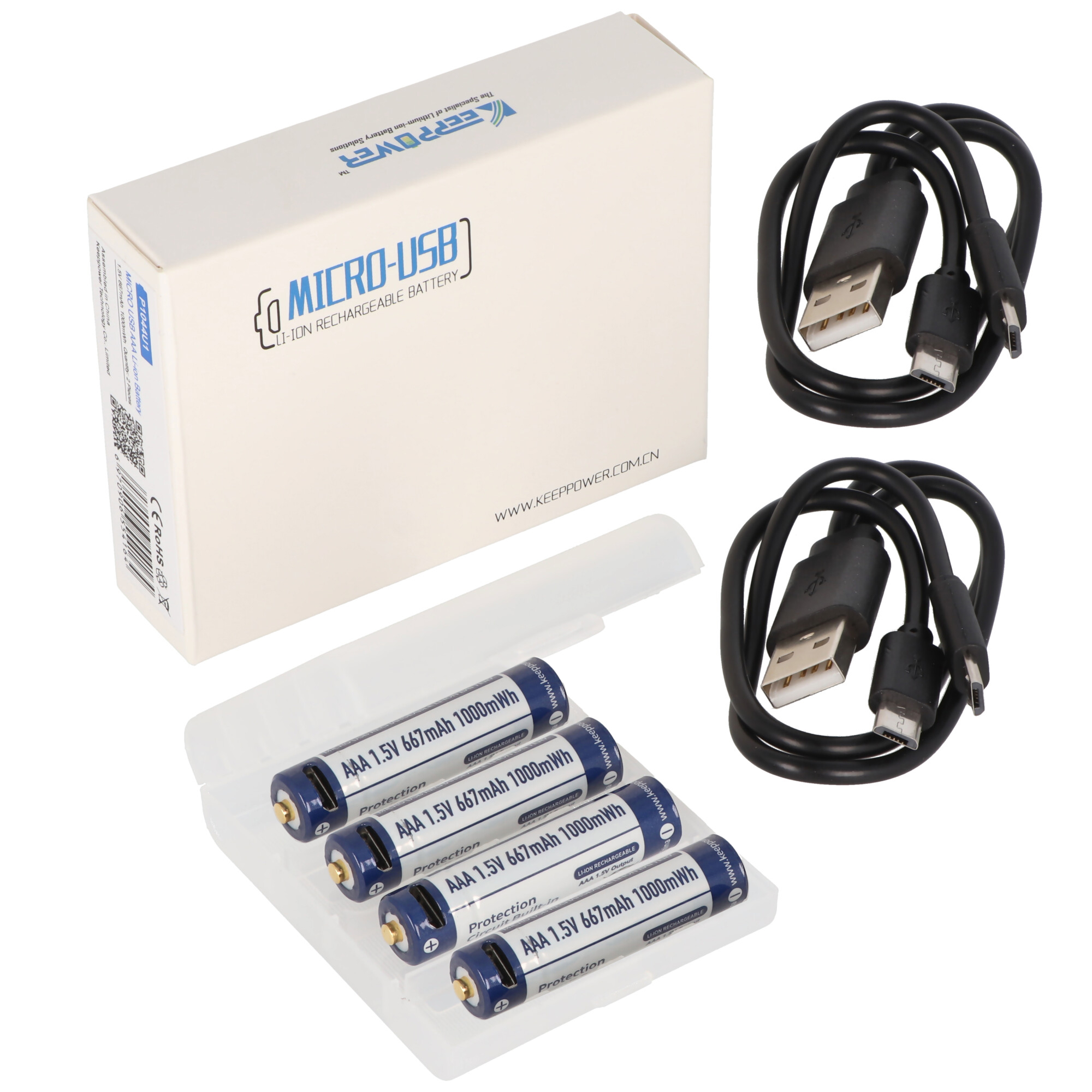 4 Stück Keeppower AAA 1,5V 1000mWh Lithium Ionen Akku, Micro, AAA, LR03, mit USB-Ladebuchse, wiederaufladbar über micro USB