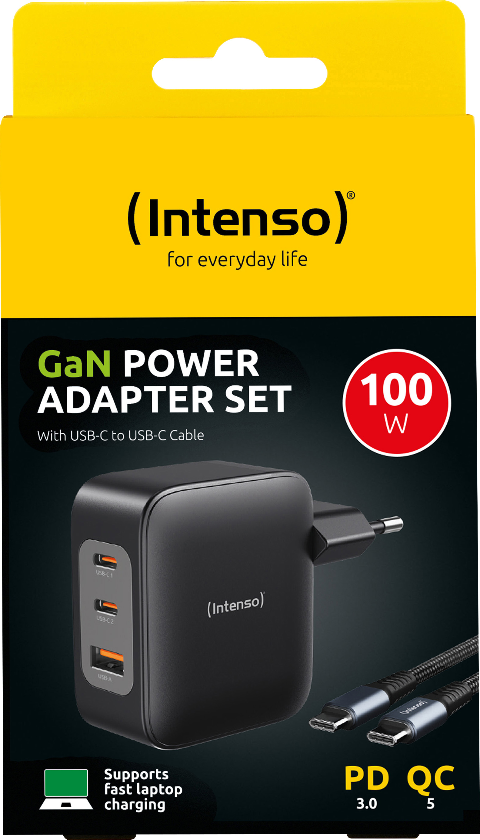 Intenso Power Adapter W100ACC GaN + USB-C Kabel C520C (2 m) – 100 W, Schwarz (Retail)