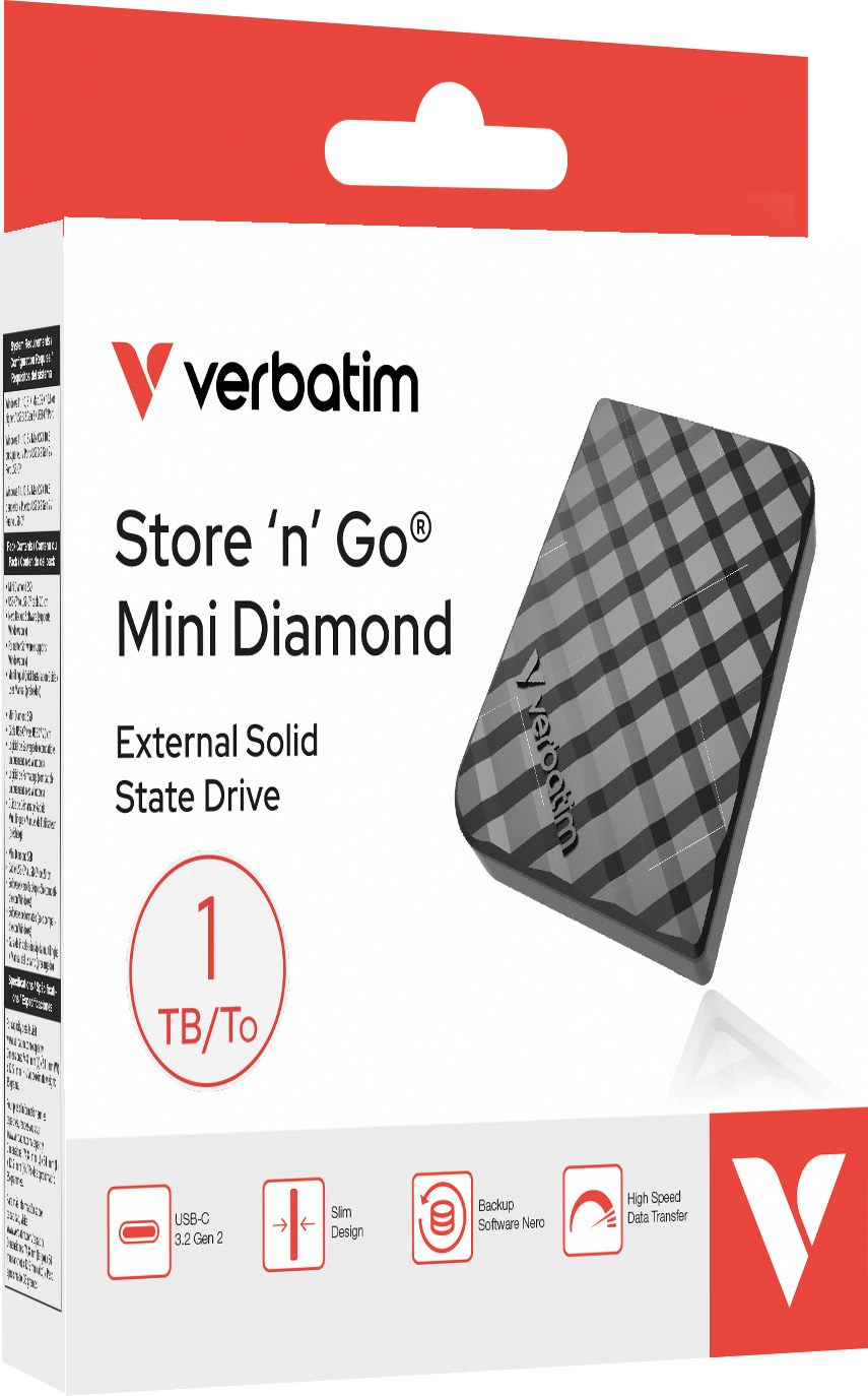 Verbatim SSD 1TB, USB 3.2, Typ A-C, Mini Diamond, schwarz (R) 1000MB/s, (W) 1000MB/s, Retail-Blister
