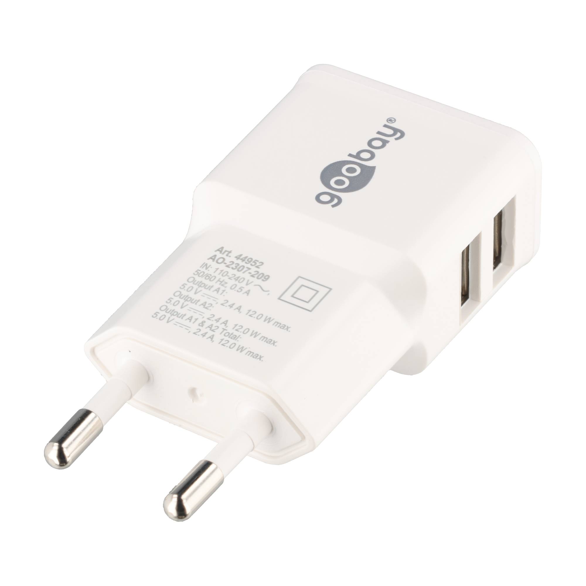 Dual USB-Ladegerät 2,4 A (12W Output) weiß kompaktes USB-Netzteil mit 2xUSB Anschlüssen