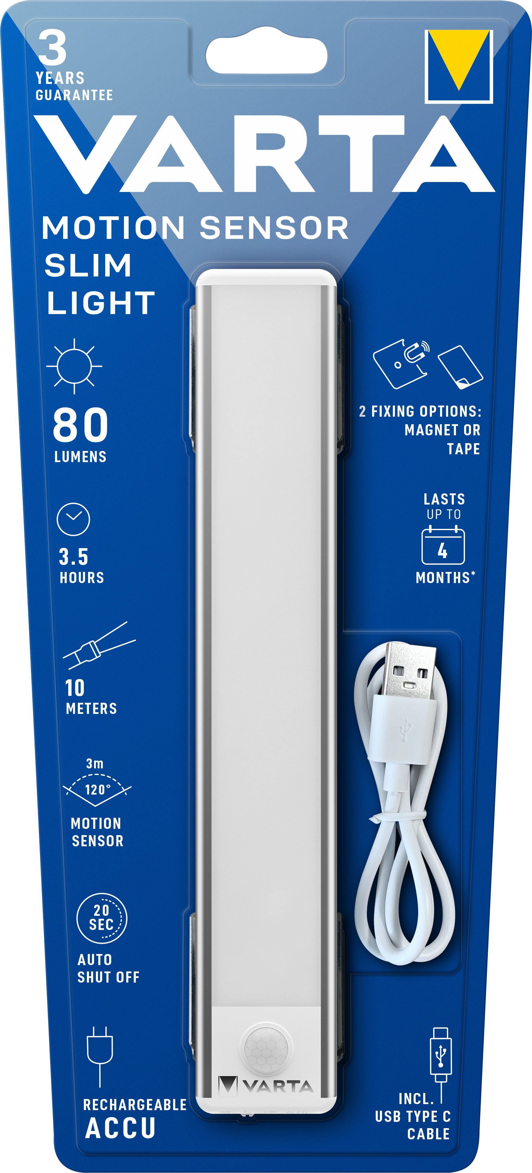 Varta LED Taschenlampe Motion Sensor, Slim Light 80lm, inkl. 1x Lithium-Ionen Akku, Retail Blister