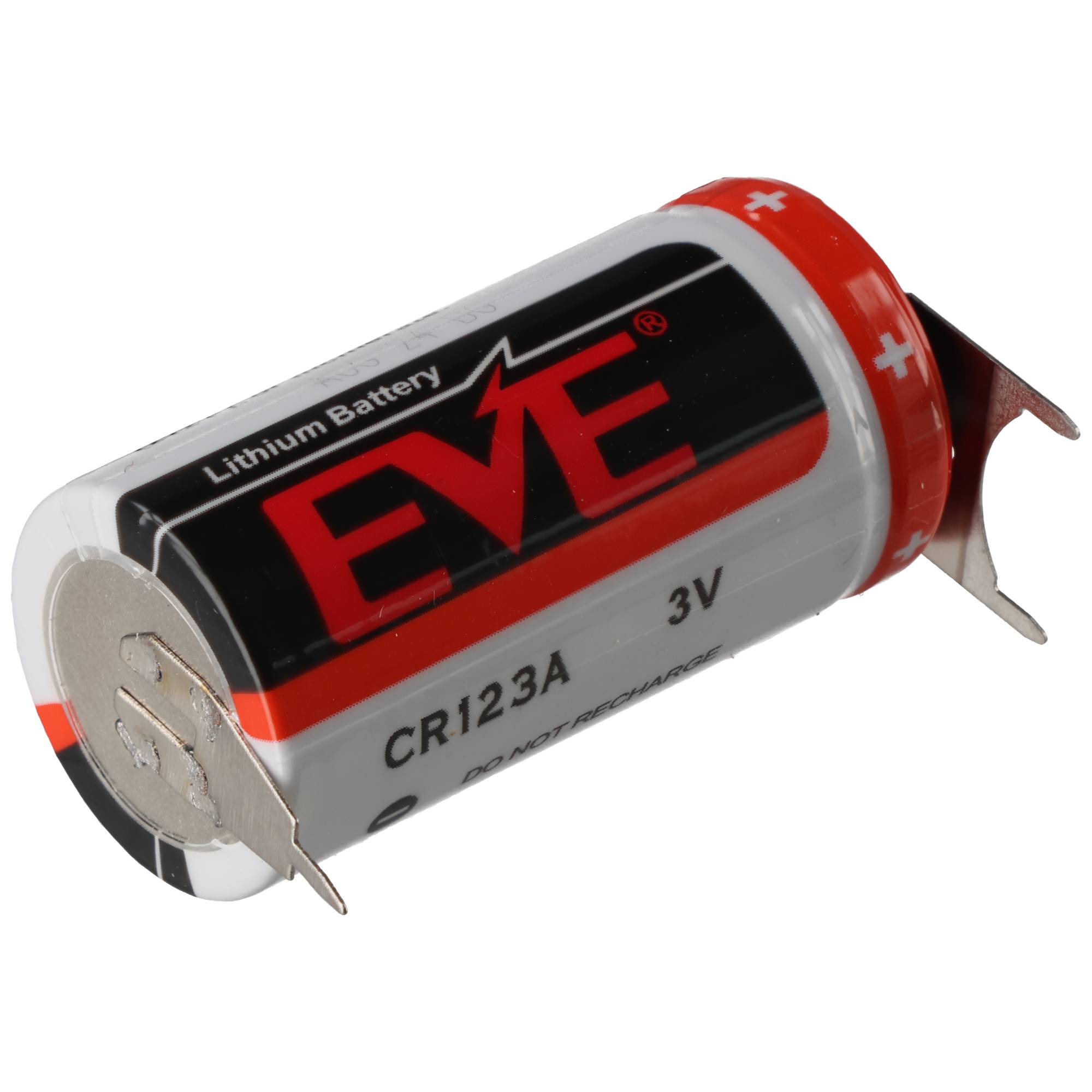 CR123A Batterie mit 3er Printanschluss 2er Print + 1er Print - Kontakten, Spannung 3 Volt Rastermaß 10mm