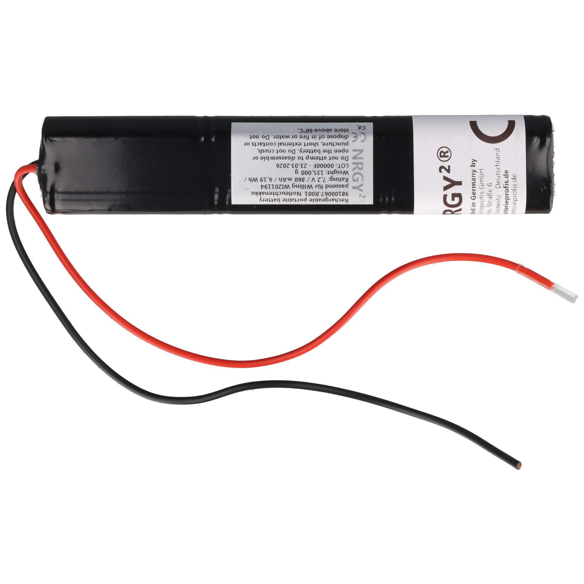 Notleuchtenakku NiMH 7,2V 1000mAh L2x3 Mignon AA mit 200mm Kabel einseitig passend für Willing WI201194