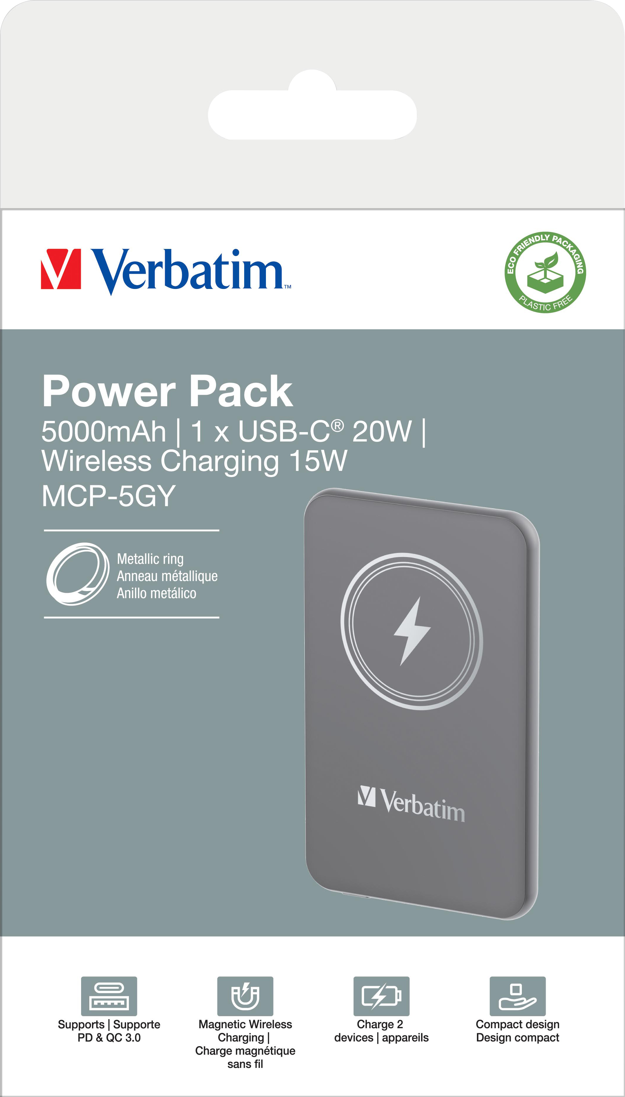 Verbatim Akku Powerbank, 5.000mAh, MCP-5GN, grau Magnetic Wireless, USB-C, QC-PD 3.0, Retail-Blister
