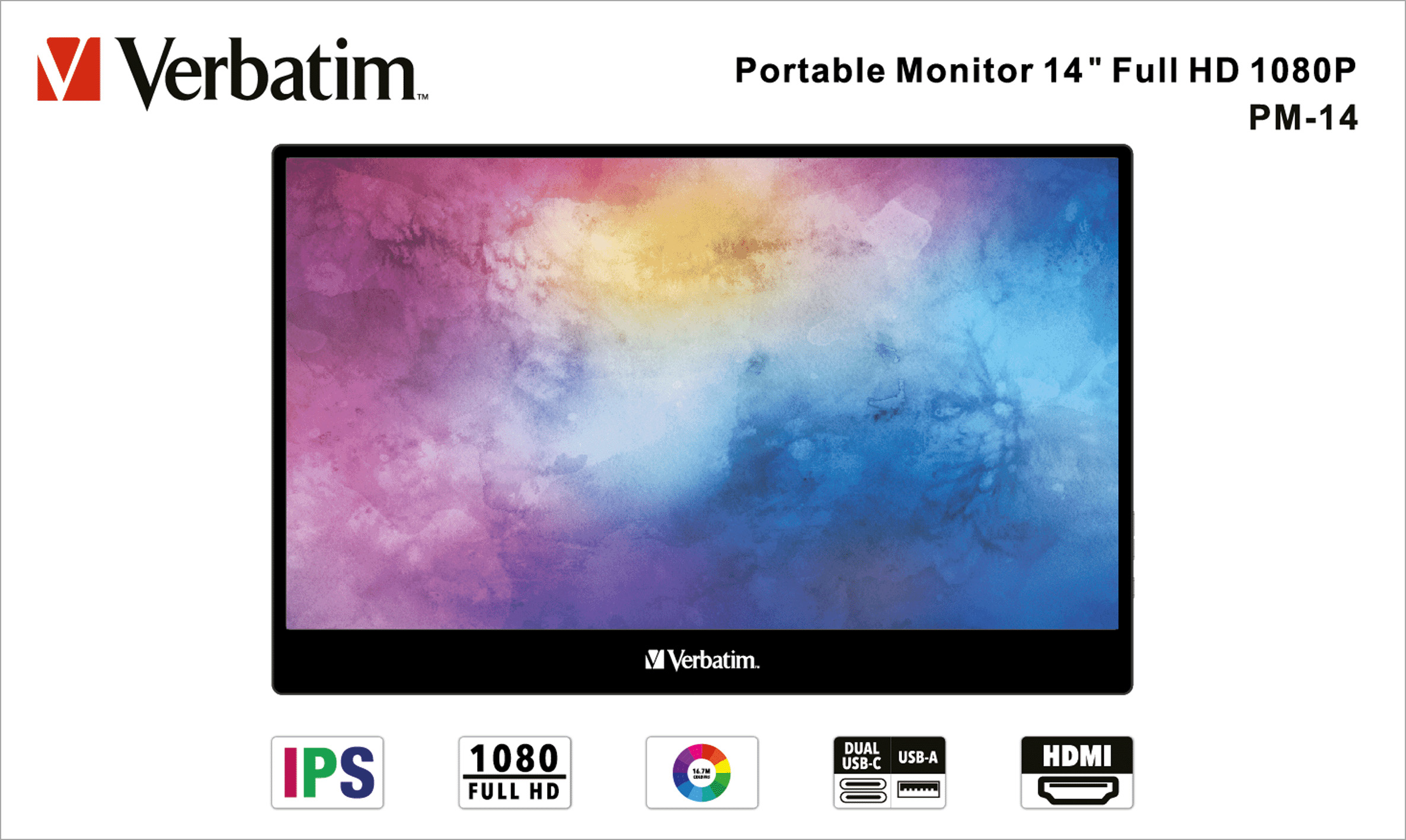Verbatim Portable Monitor PM-14, 14'' (35.56cm), LCD, Full HD USB A-C, HDMI, IPS, 16:9, Non-Touchscreen, Retail