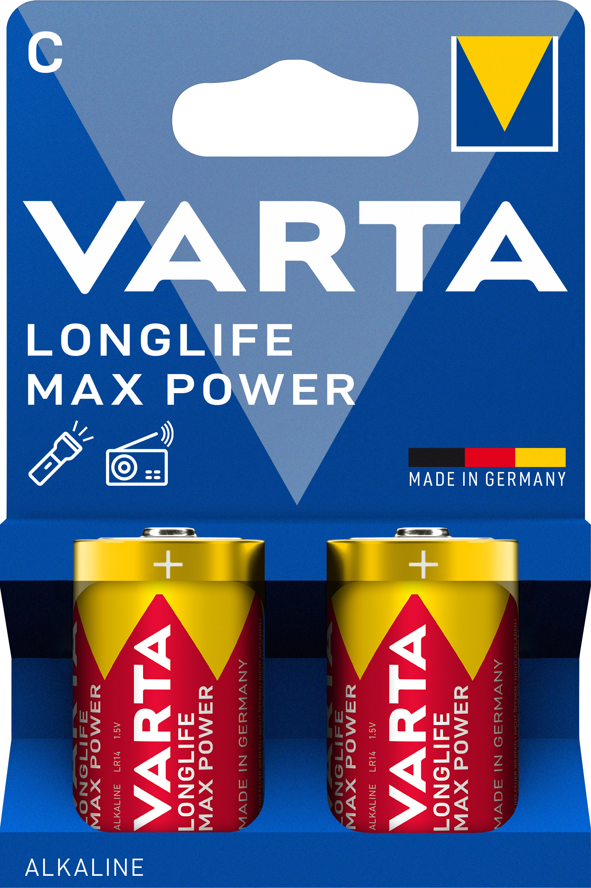 Varta Batterie Alkaline, Baby, C, LR14, 1.5V Longlife Max Power, Retail Blister (2-Pack)
