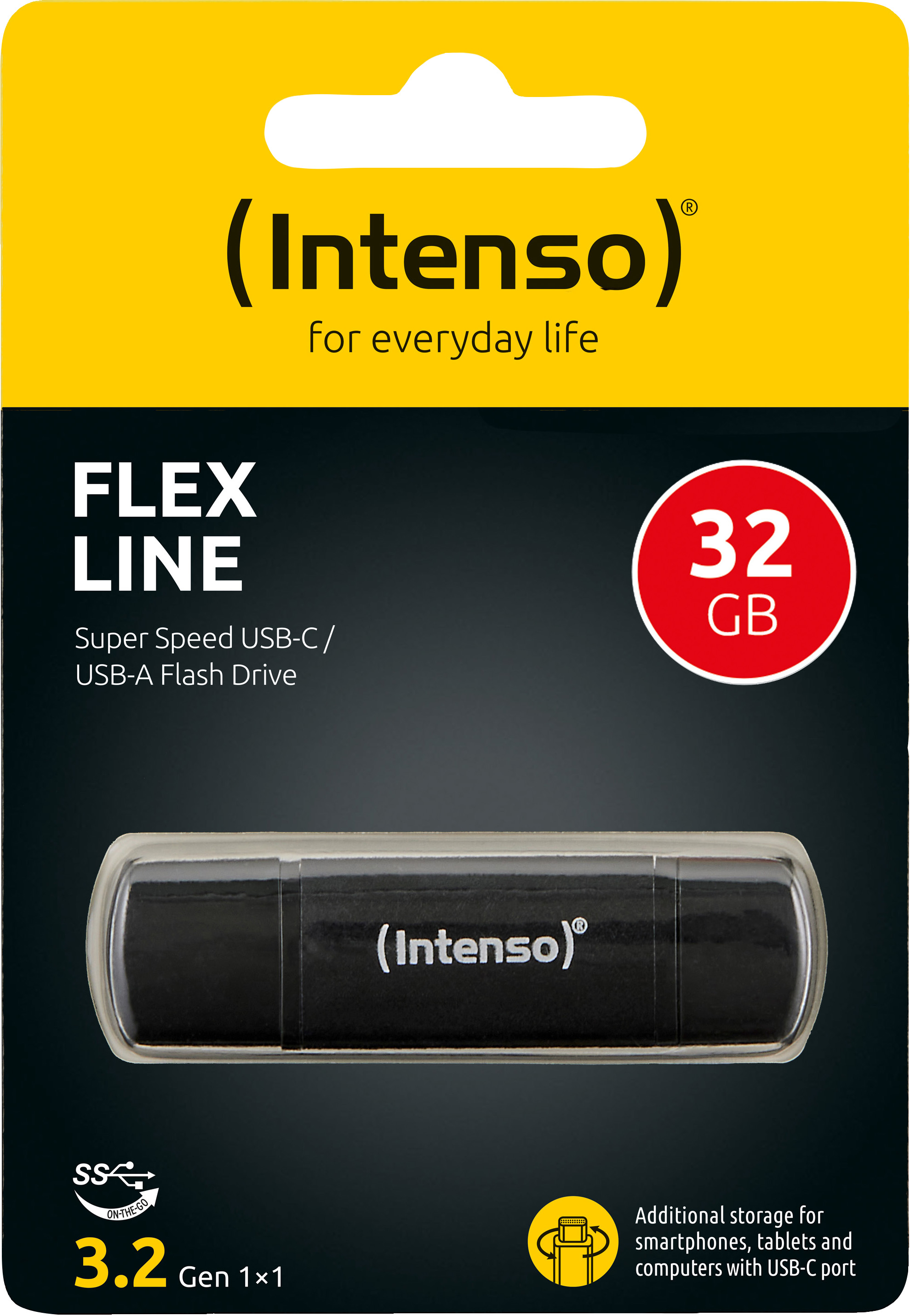 Intenso USB 3.2 Stick 32GB, Flex Line, schwarz Typ-A/Typ-C, (R) 70MB/s, Retail-Blister
