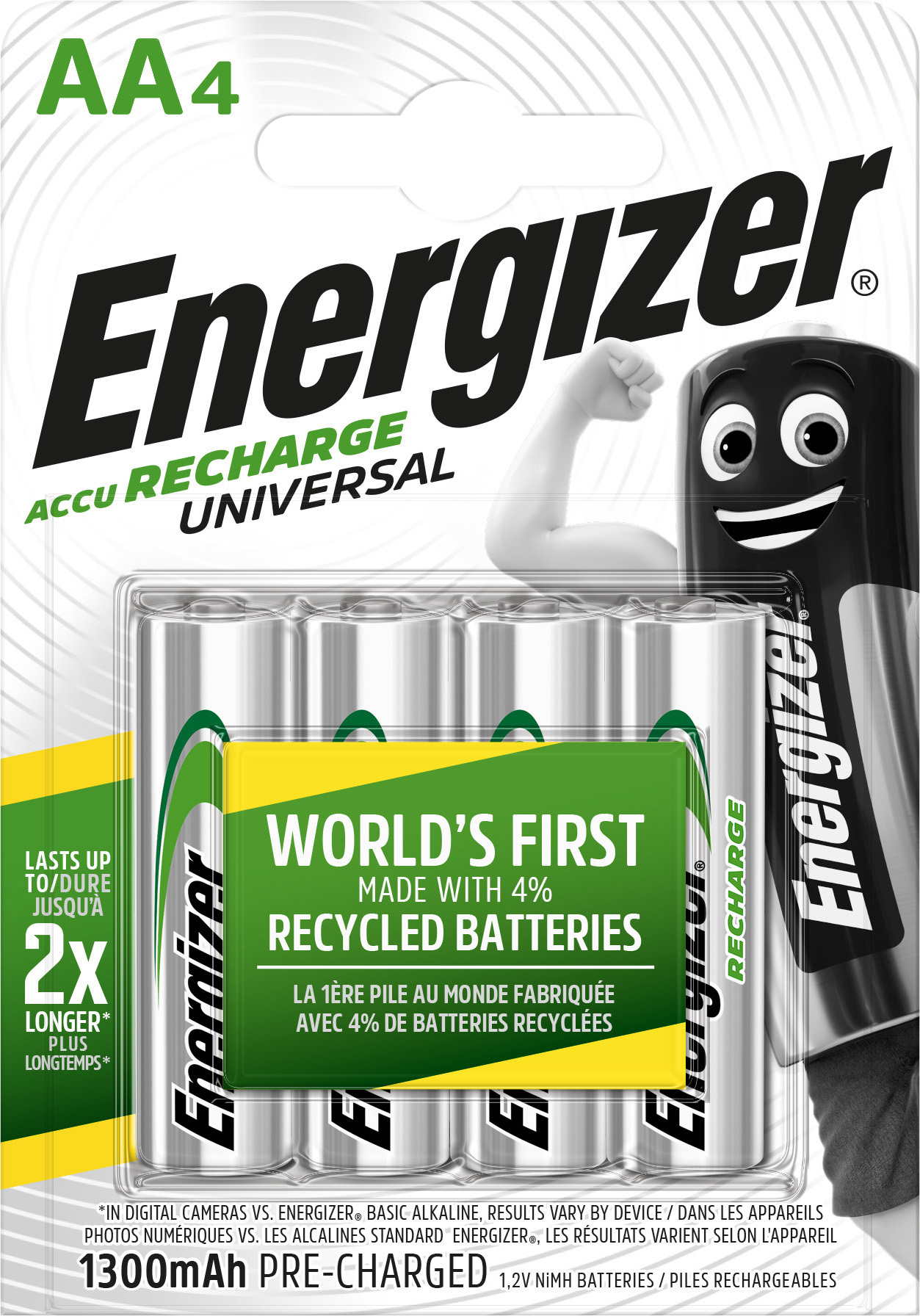 Energizer Akku NiMH, Mignon, AA, HR06, 1.2V/1300mAh Universal, Pre-charged, Retail Blister (4-Pack)