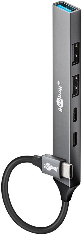 Goobay Slim 5-Port USB-Hub, USB-C™ auf USB-C™/USB-A, USB 3.2 - USB-C™-Stecker (USB 3.2) > 1x USB-C™-Buchse (USB 2.0), 1x USB-C™-Buchse (PD), 1x USB-A-Buchse (USB 3.2), 2x USB-A-Buchse (USB 2.0)