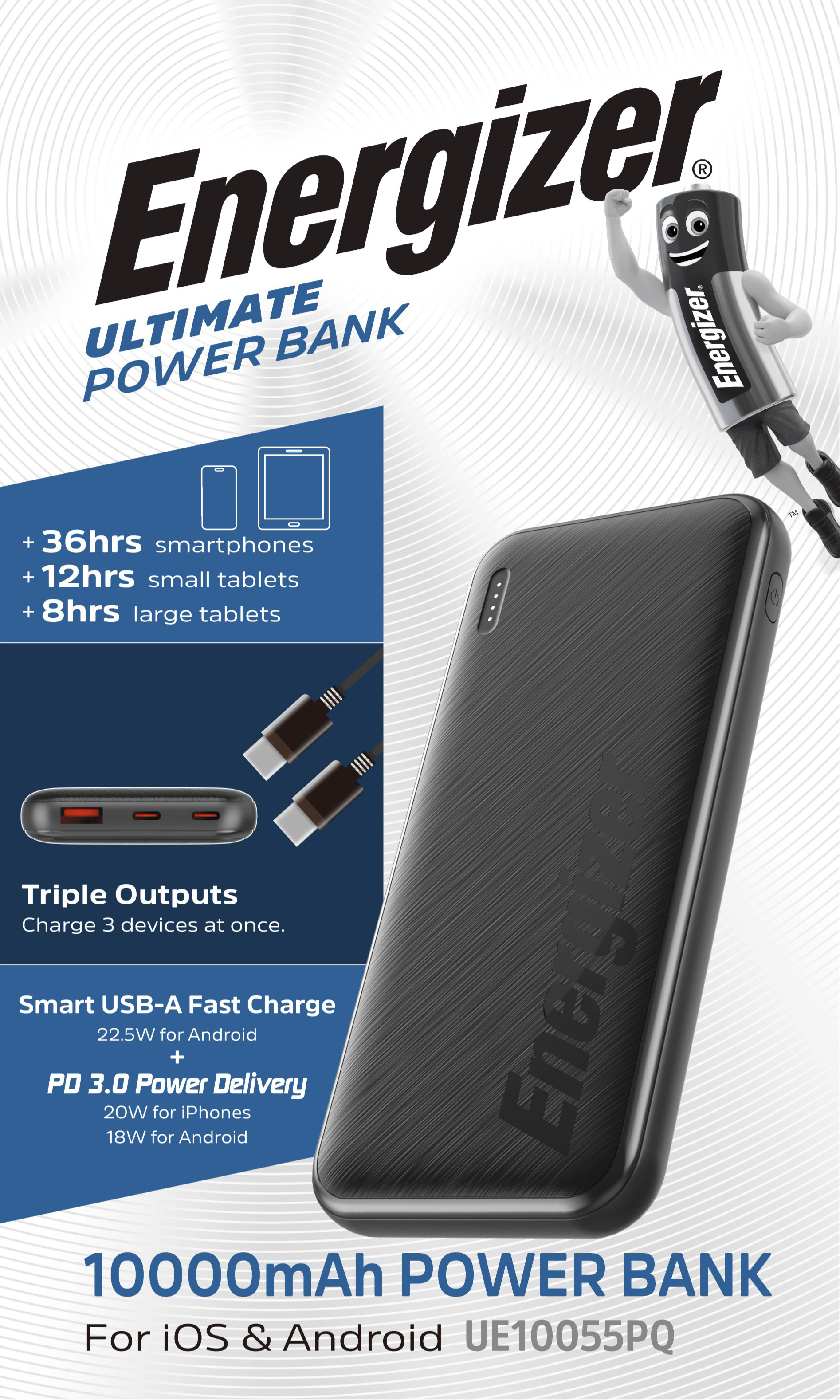 Energizer Akku Powerbank, 10.000mAh, UE10055PQ, schwarz Ultimate, 1x USB-A/2x USB-C PD, Retail