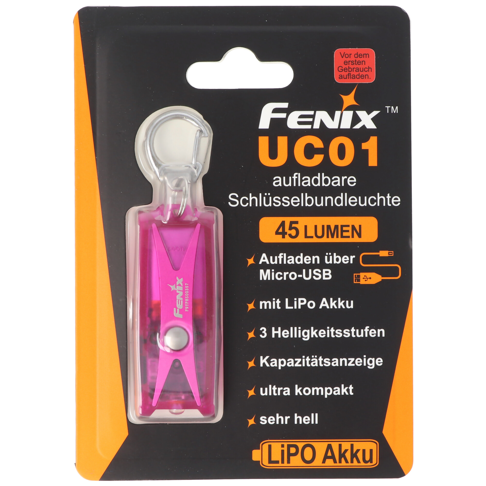 Fenix UC01 LED-Taschenlampe im lila Gehäuse, schlüsselbundleuchte mit Akku und USB Ladefunktion
