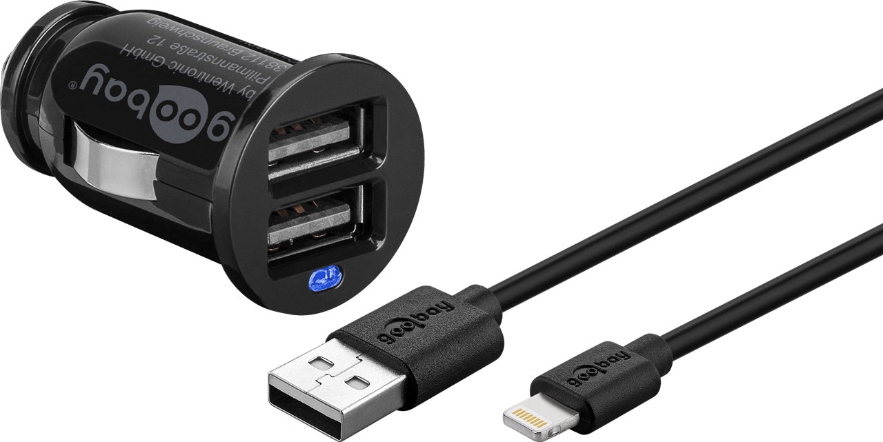 Goobay Apple Lightning Auto-Ladeset (12W/2.4A) - Kfz-Ladeadapter und Apple Lightning Kabel 1.0m (schwarz)