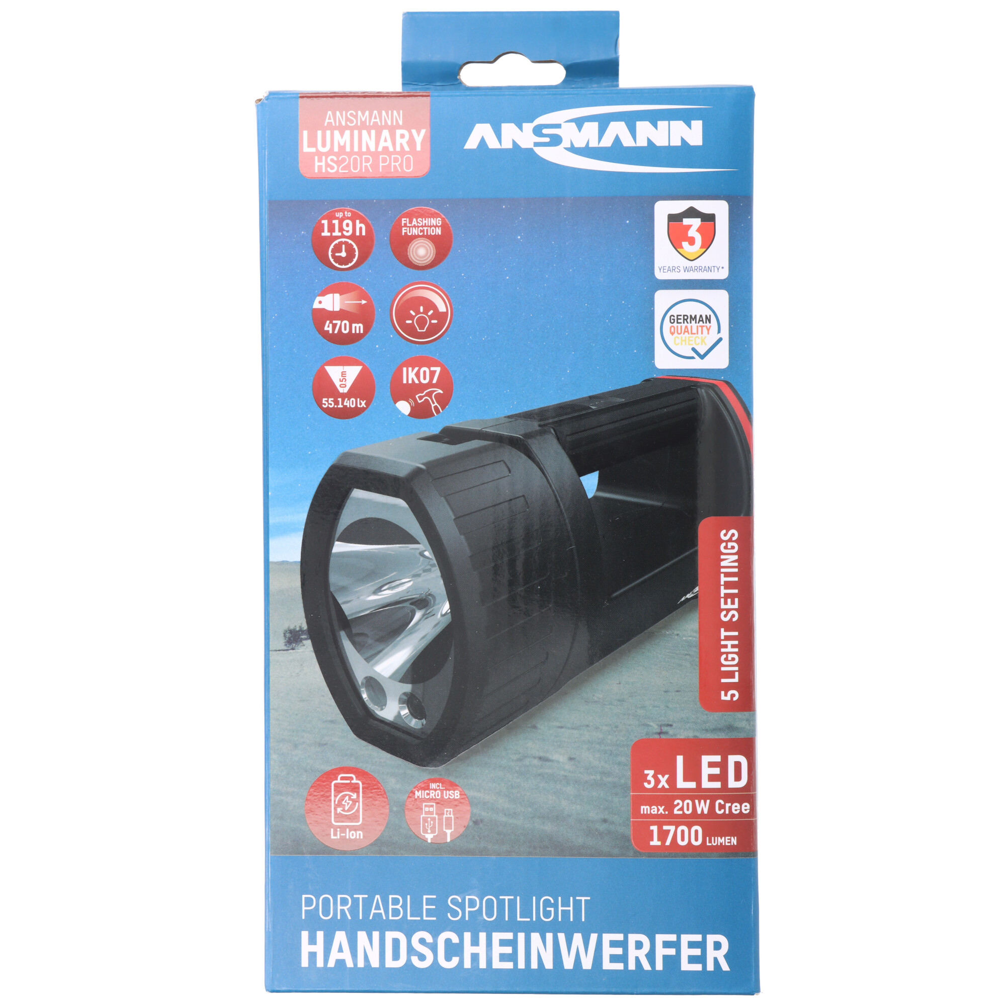 Profi Handscheinwerfer HS20R Pro mit integriertem Akku, verschiedene Leuchtfunktionen
