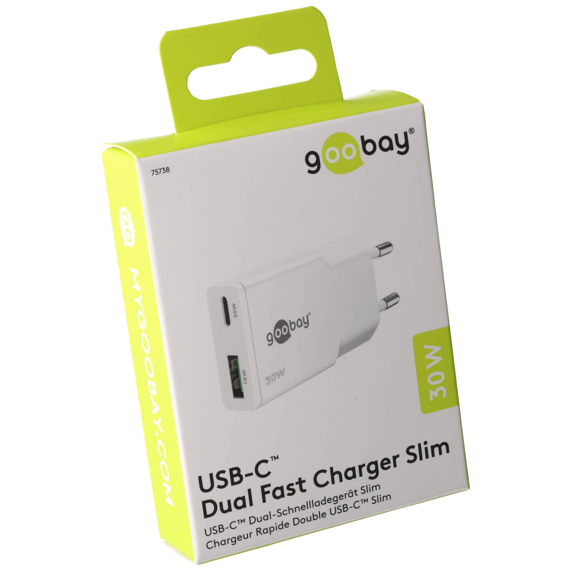 Goobay Multi Fast Charger – 30 W USB-C PD GaN Dual-Schnellladegerät Slim weiß