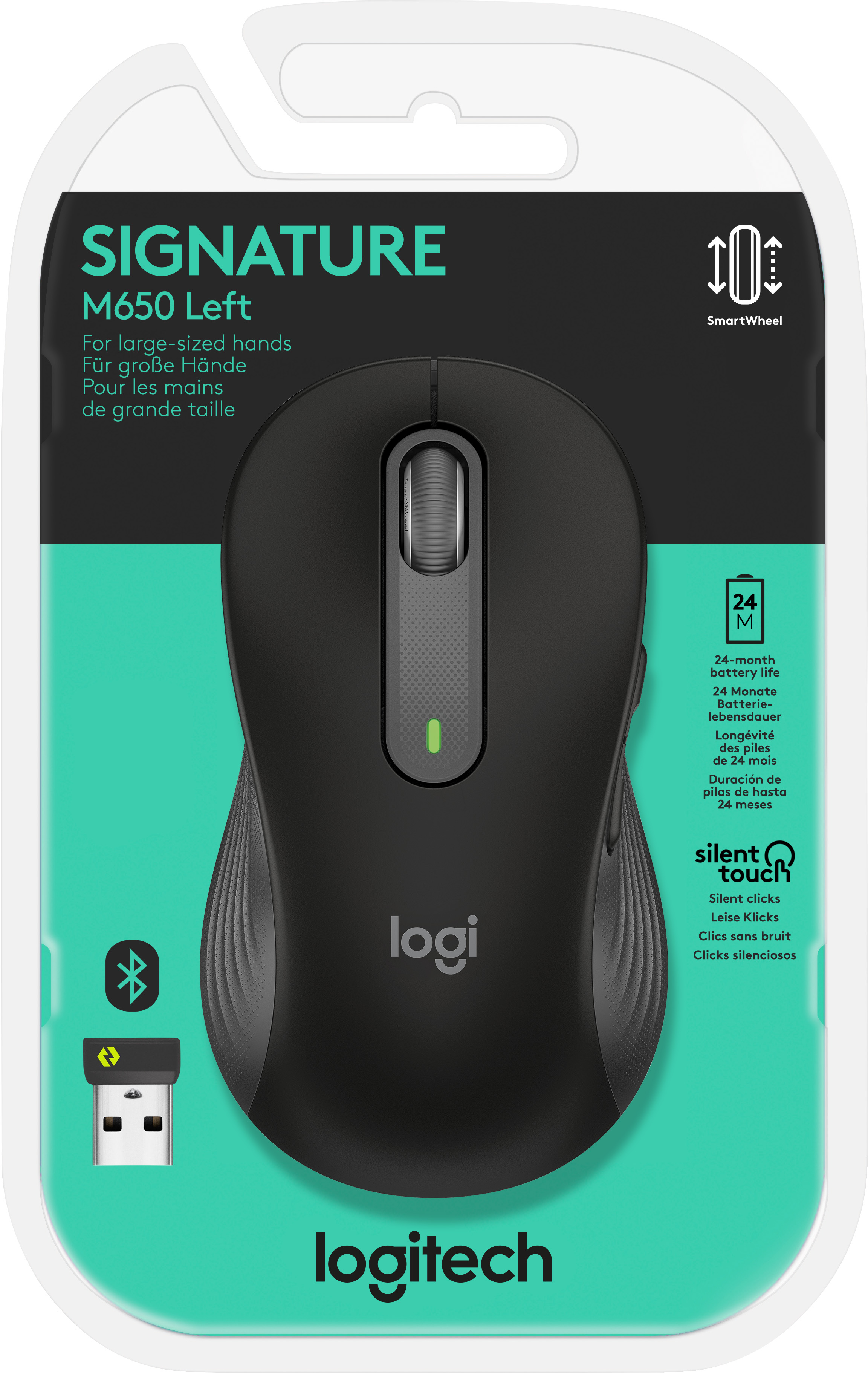 Logitech Maus M650 L, Signature, Wireless, Bolt, Bluetooth, grafit Optisch, 400-4000dpi, 5 Tasten, Left, Large, Retail
