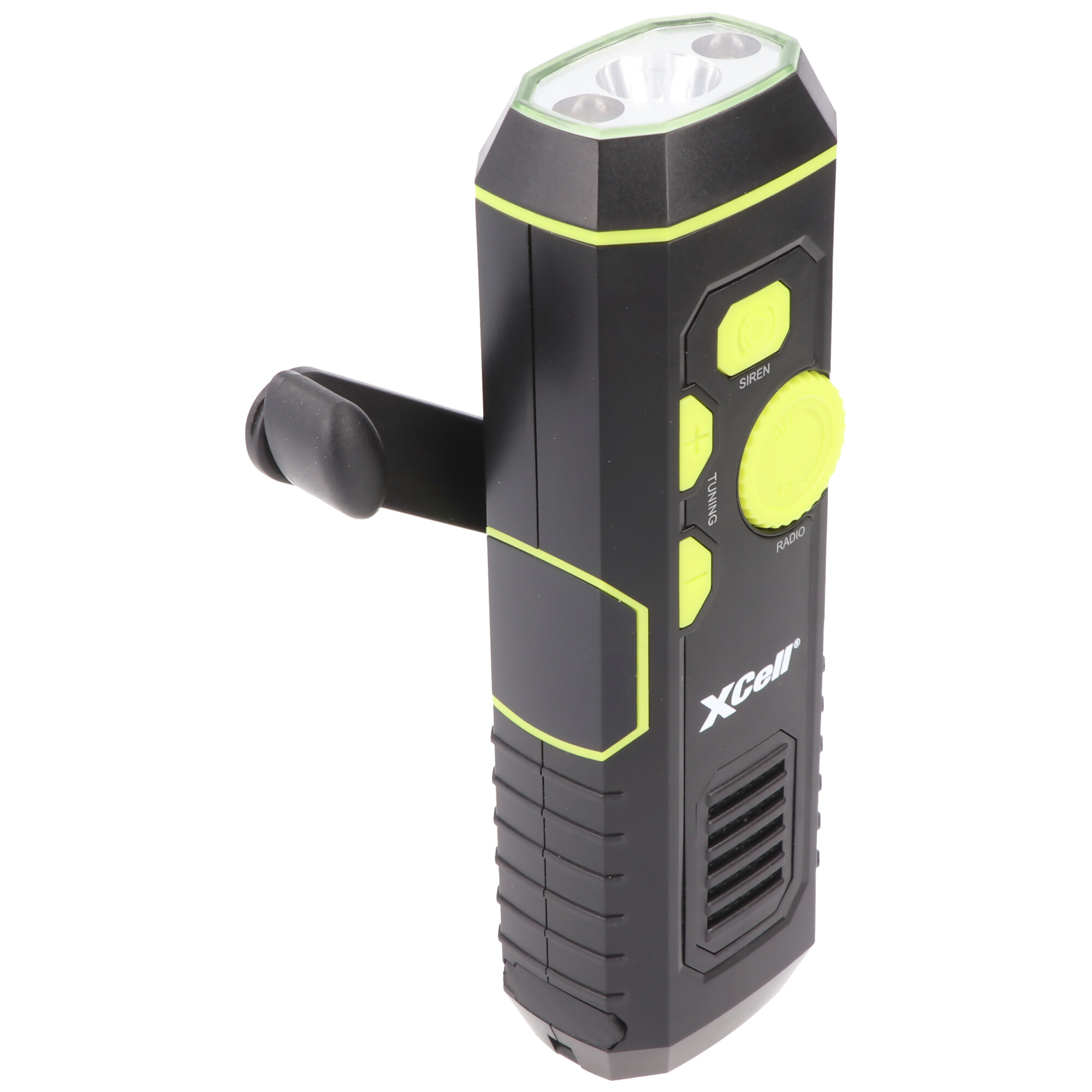 Dynamo Taschenlampe mit FM Radio, Alarm und Powerbank-Funktion, Anti-Blackout, aufladbare Notfall-Leuchte, 4in1 LED-Taschenlampe
