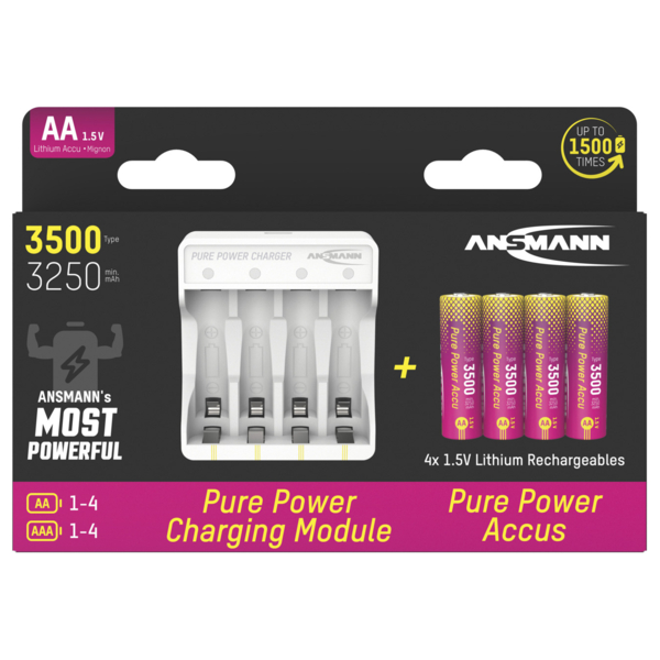 Ansmann Pure Power Set, Ladegerät inkl. 4x Mignon AA 1,5V Li-Ion Akkus, inkl. USB-C Ladekabel