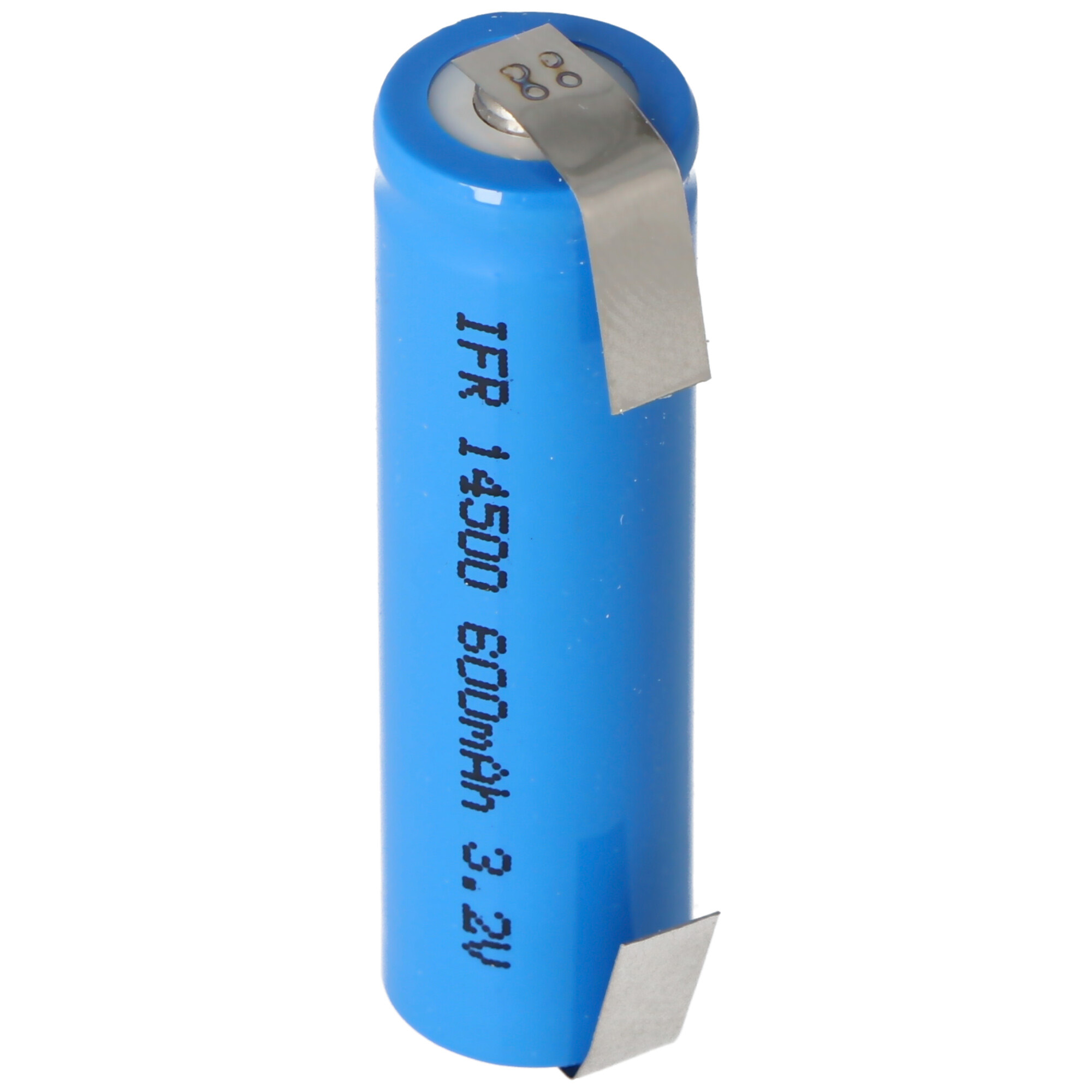 3,2 Volt Solar Akku Lithium IFR 14500 AA 600mAh LiFePo4 Akku mit Kopf ungeschützt 14,2 x 50,6mm, mit Lötfahnen in U-Form