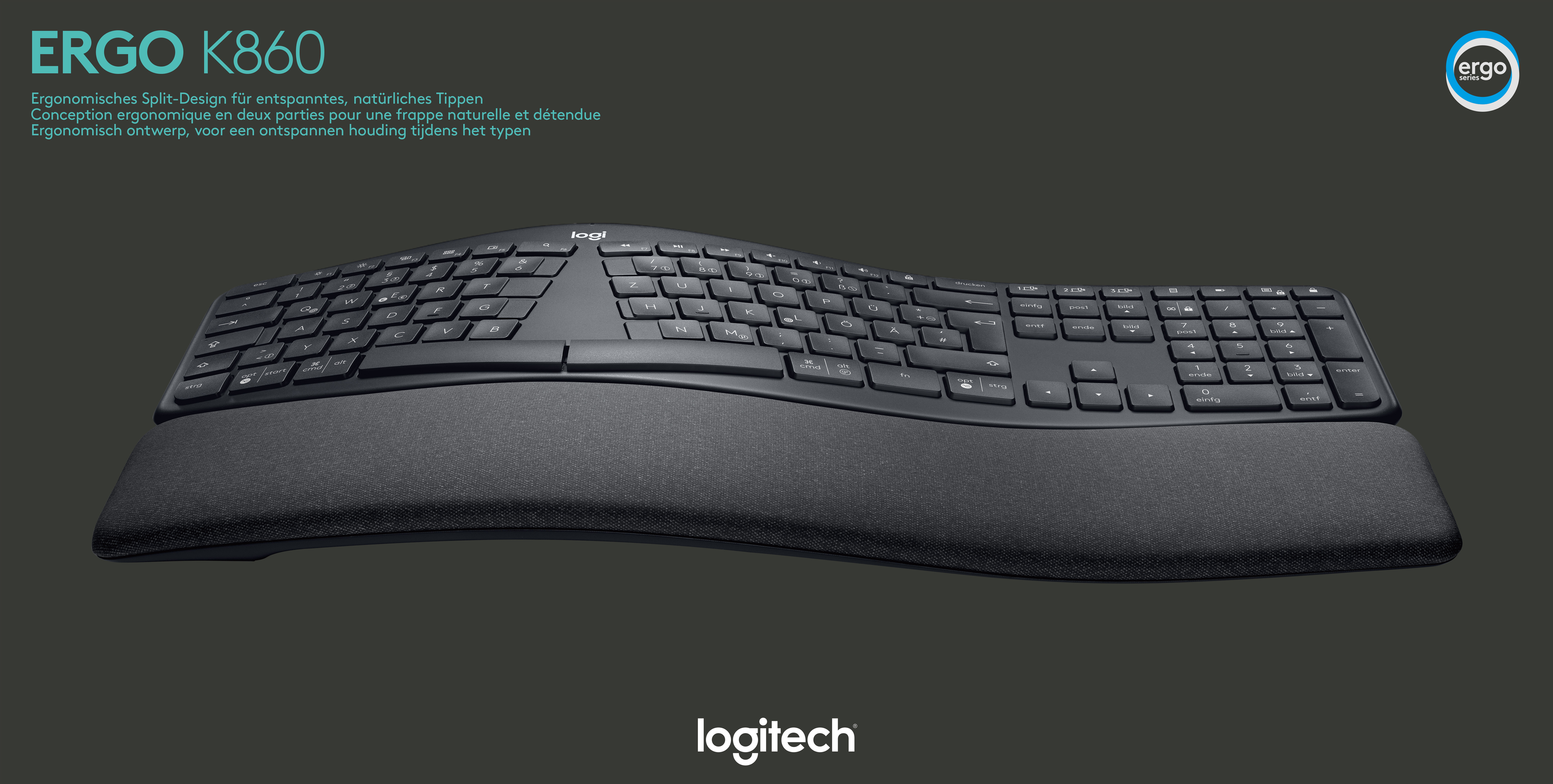 Logitech Tastatur K860, Wireless, Unifying, Bluetooth, schwarz Ergo, DE, Retail