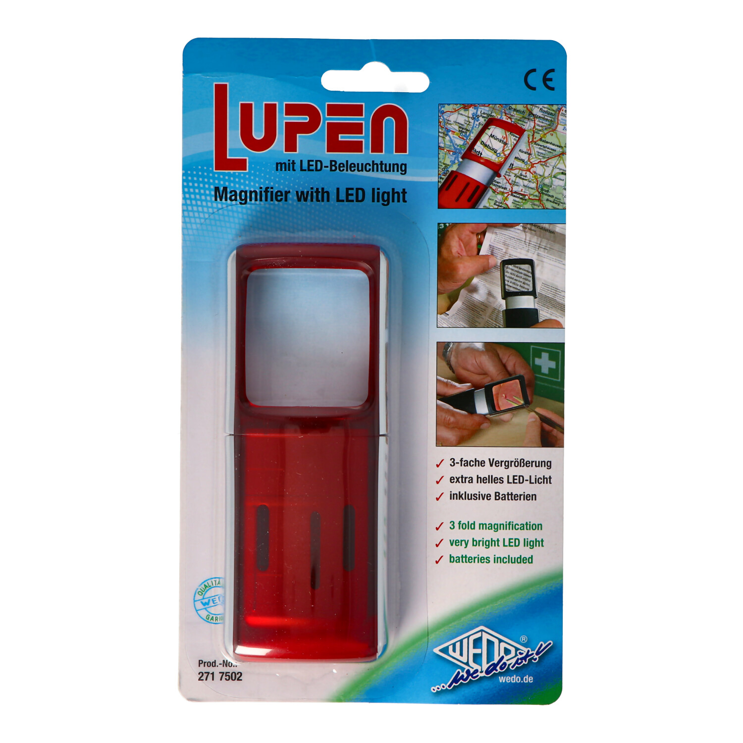 Lupe mit LED-Beleuchtung und 3fach Vergrösserung Farbe Rot, in Blisterverpackung