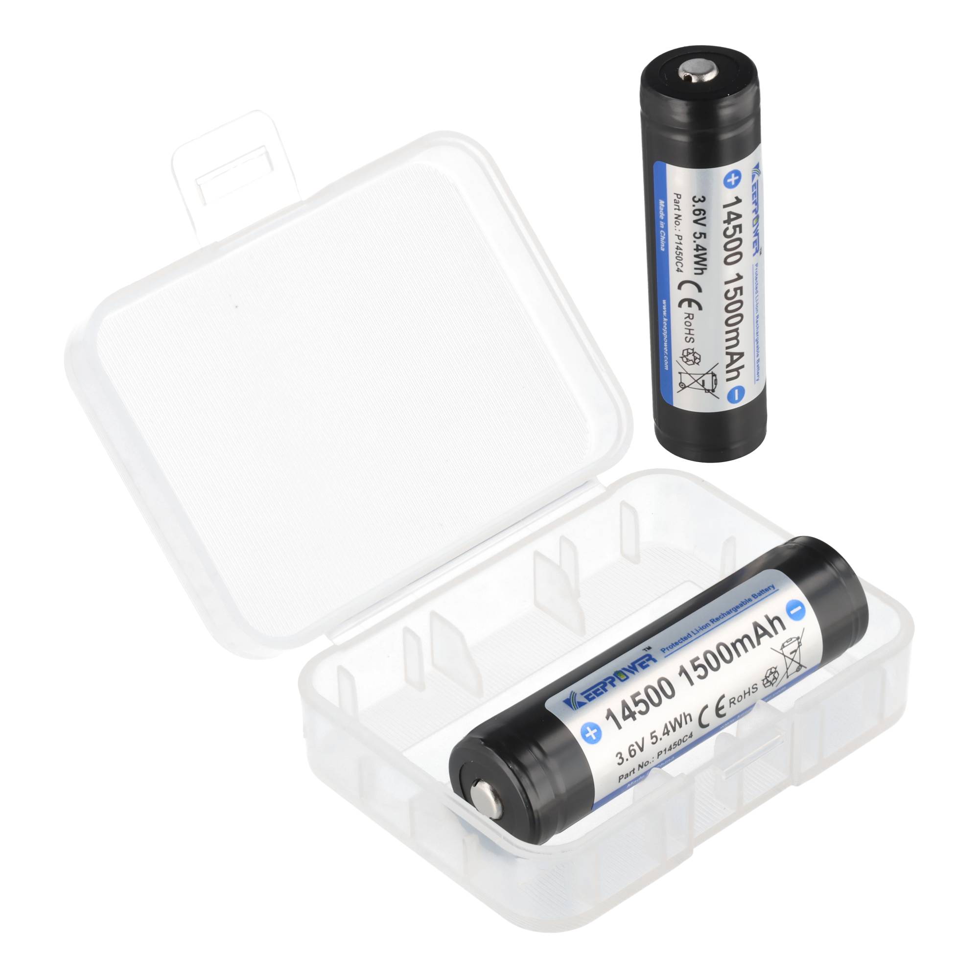 2 Stück Keeppower 14500 P1450C4 Lithium-Ionen Akku mit 3,7 Volt und 1500mAh, mit PCB Schutzschaltung, inkl. kostenloser Aufbewahrungsbox