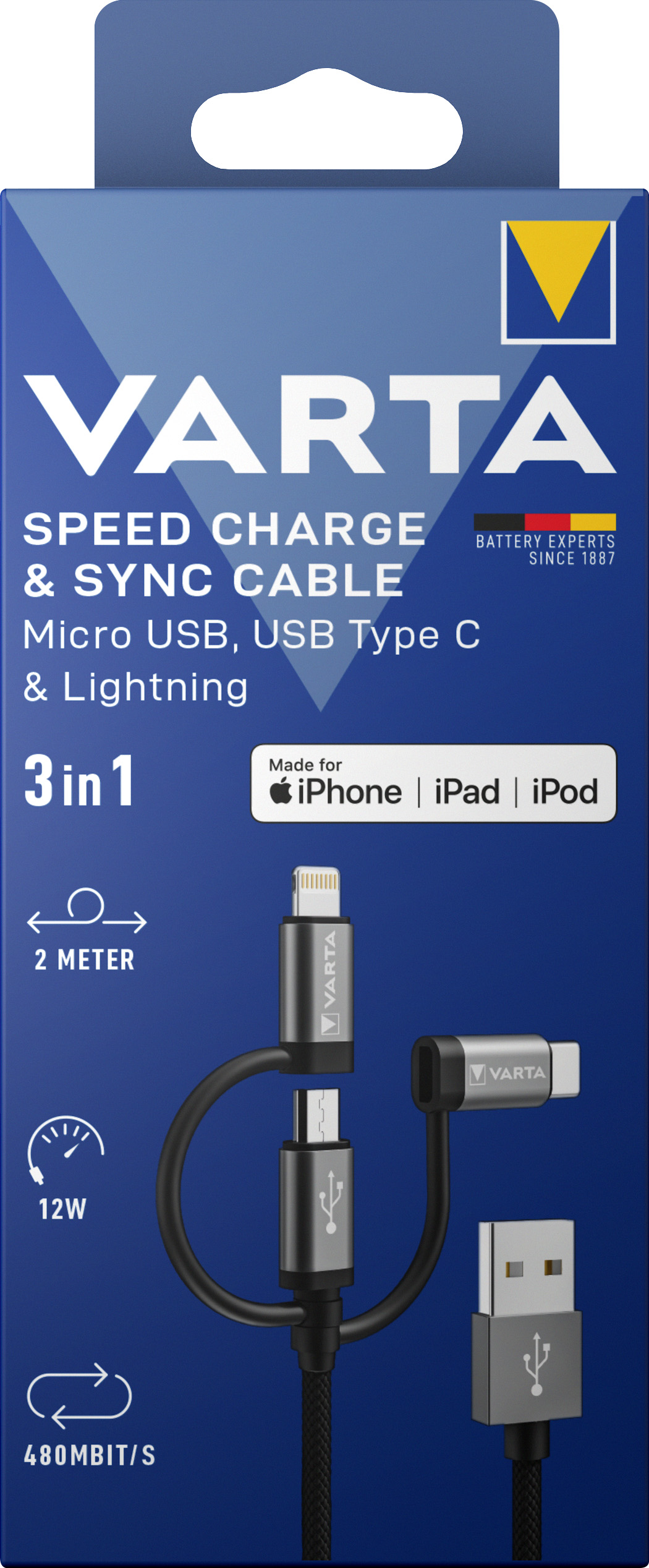 Varta Kabel, USB-A/Micro/C/Lightning, 3in1, 2.0m 12W, 480Mbit/s, schwarz, Retail-Blister