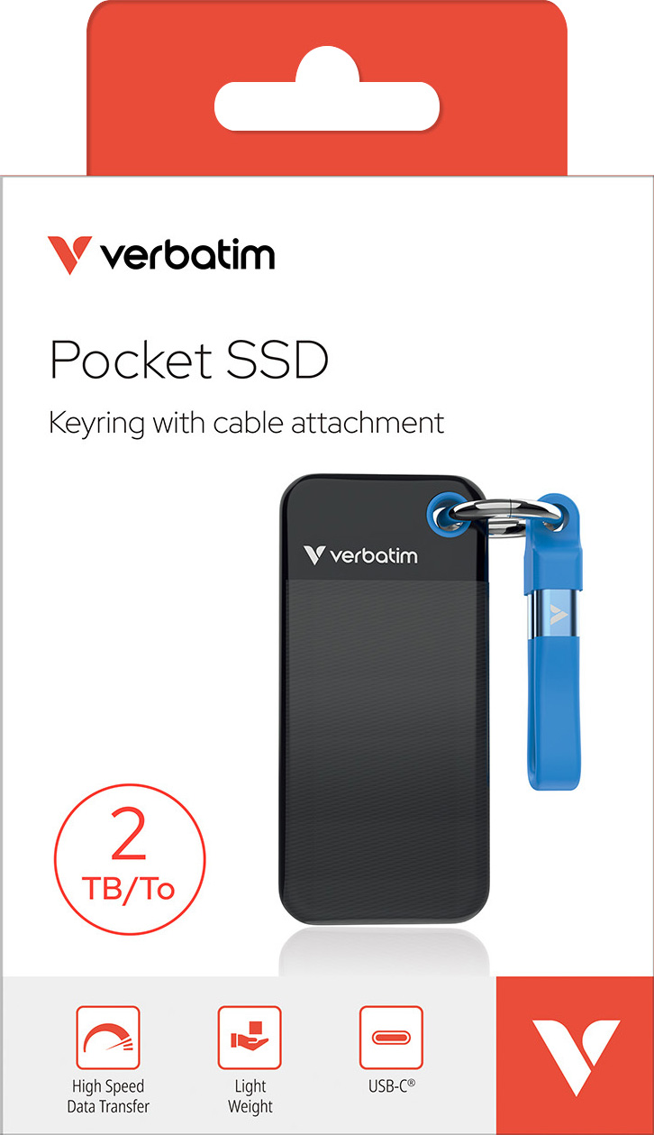 Verbatim SSD 2TB, USB 3.2, Typ-C, Pocket, schwarz-blau (R) 1000MB/s, (W) 1000MB/s, Keyring, Retail-Blister