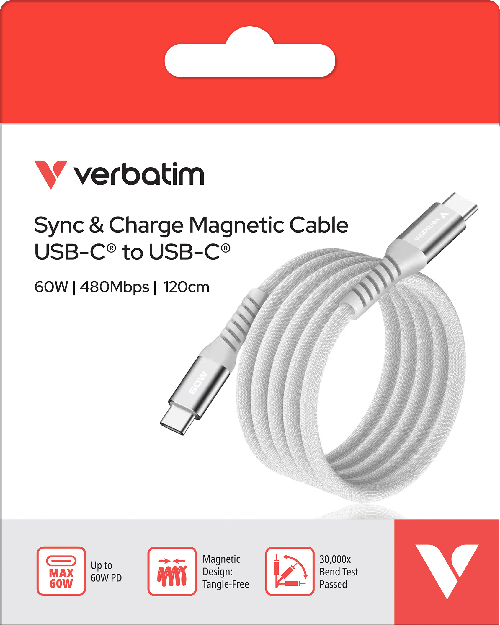 Verbatim Ladekabel, USB-C/USB-C, 1.2m, blau Sync&Charge, 60W, 480MBit/s, Magnetic, Retail