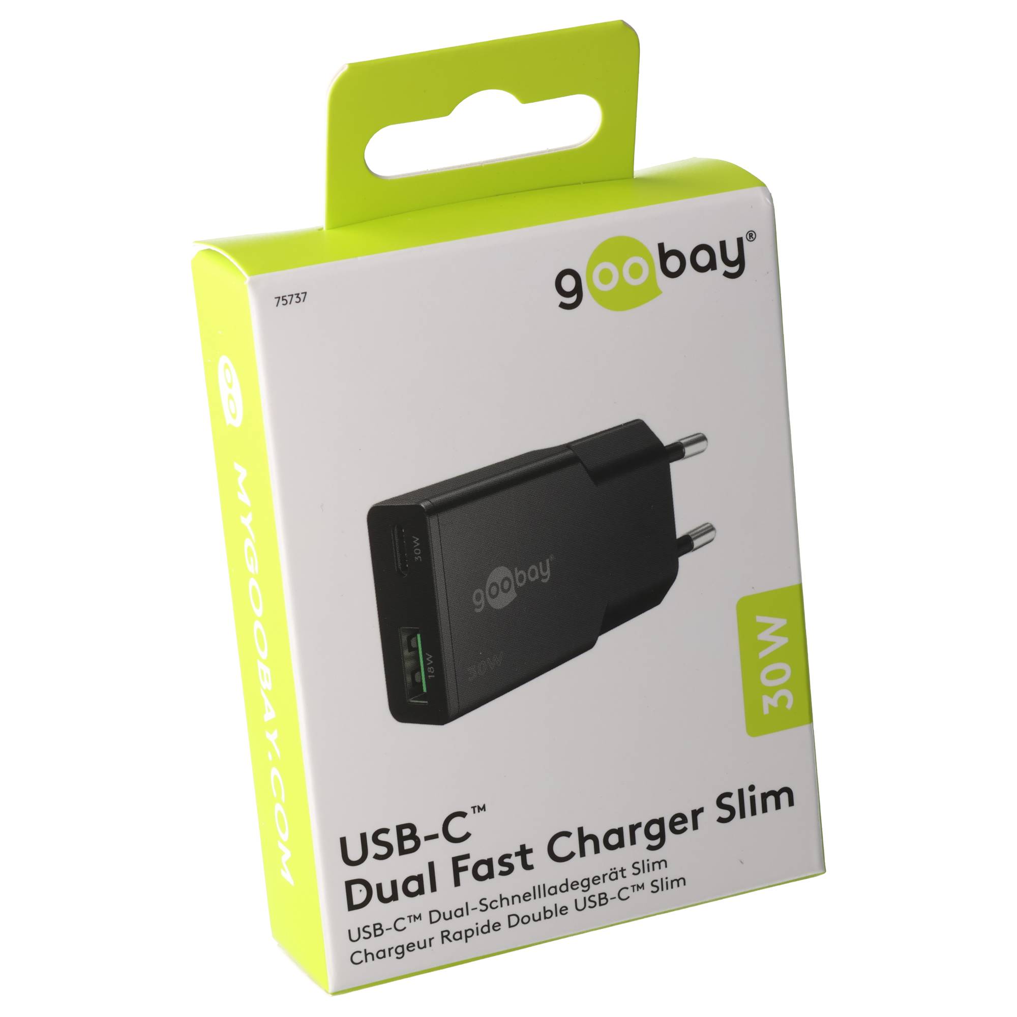 USB-C Schnellladegerät Slim, 1x USB-C Power Delivery, 1x USB-A Quick Charge, GaN, 30 Watt, Schwarz