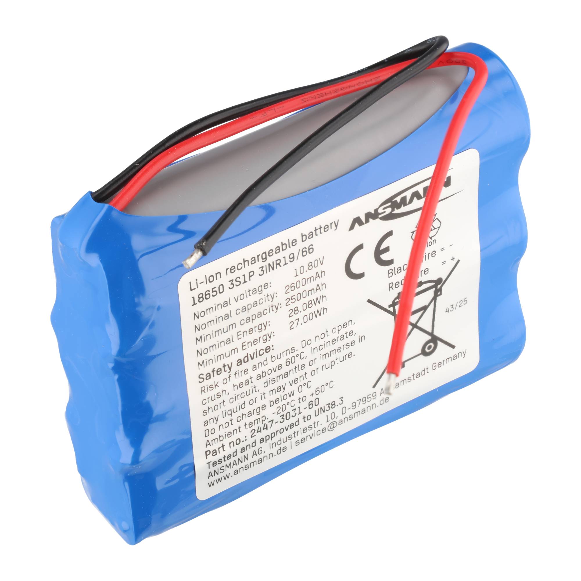 Ansmann Lithium-Ionen Akkupack 10,8 Volt / 2600 mAh / 3S1P, ideal für mobile Anwendungen