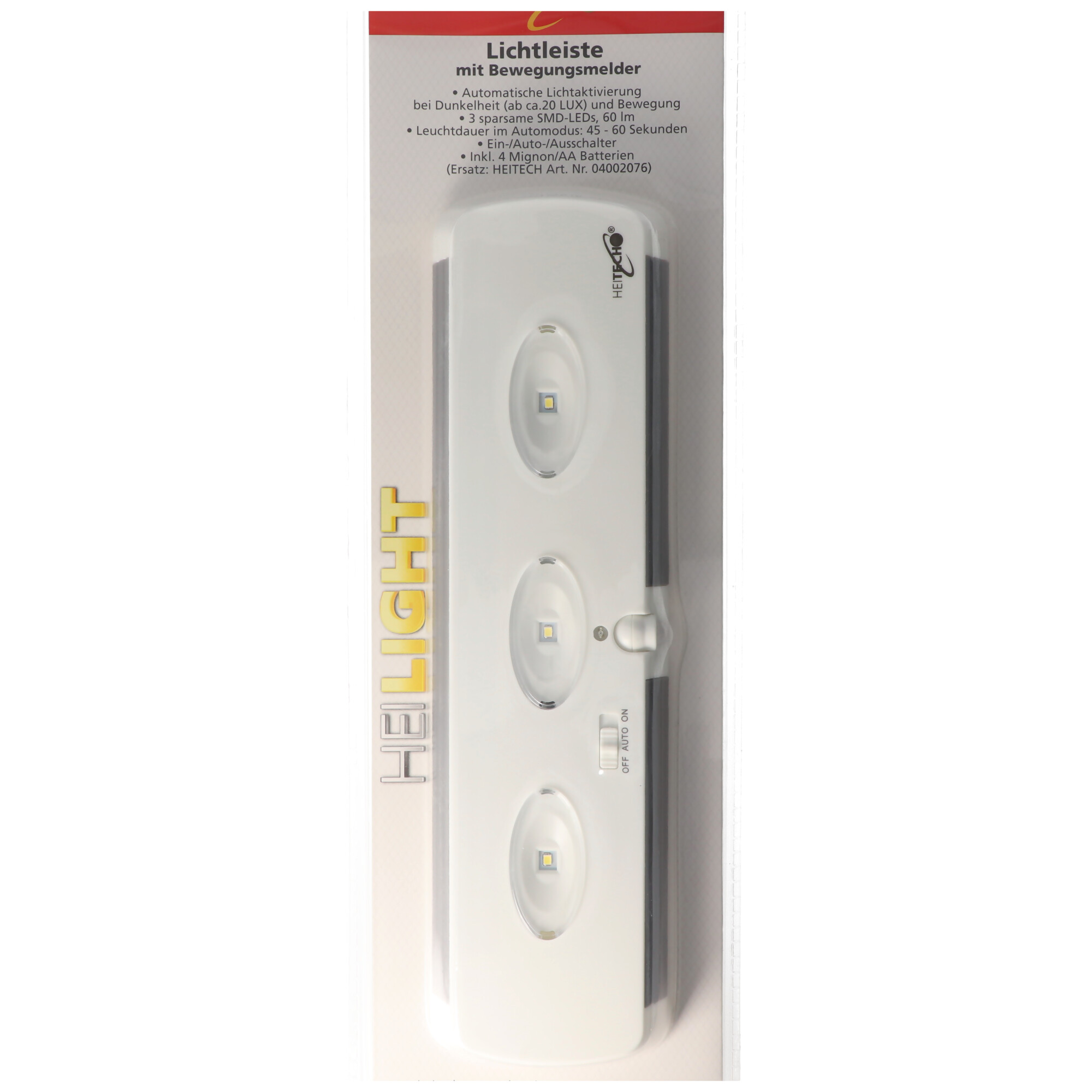 Lichtleiste mit Bewegungsmelder, automatische Licktaktivierung bei Dunkelheit und Bewegung, 3x SMD-LEDs, mit Ein-/Auto-/Ausschalter