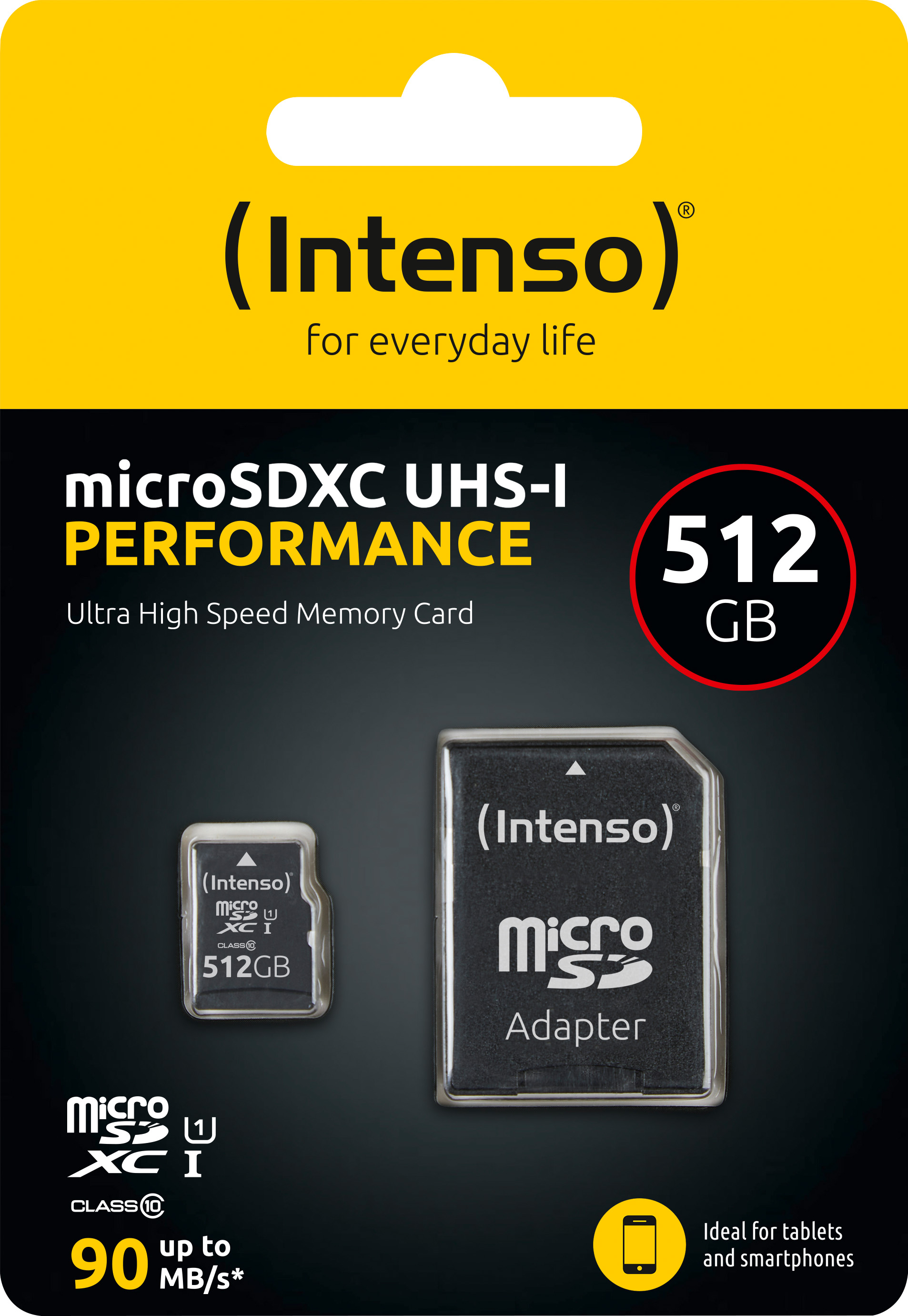 Intenso microSDXC Card 512GB, Performance, Class 10, U1 (R) 90MB/s, (W) 10MB/s, SD-Adapter, Retail-Blister