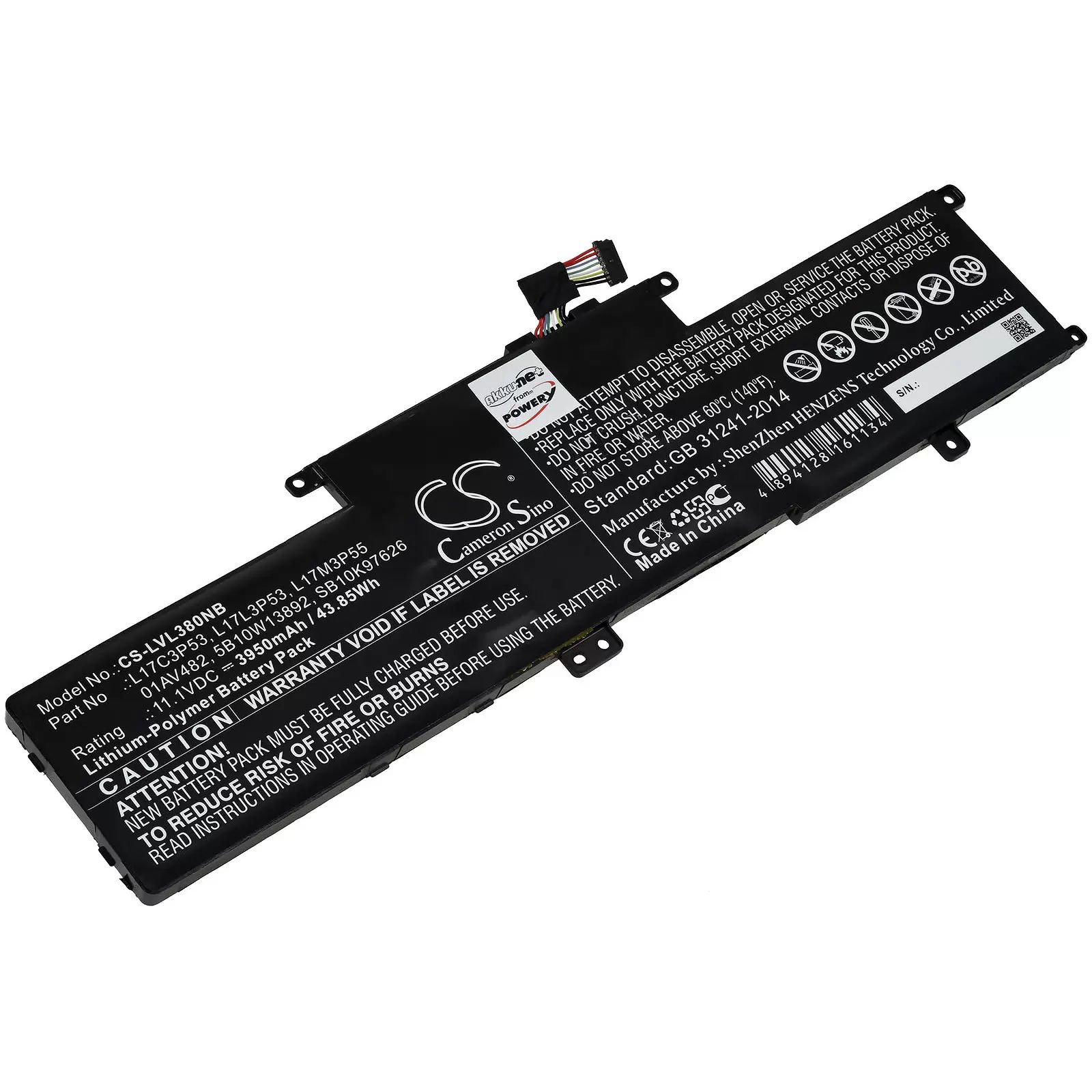 Akku passend für Laptop Lenovo ThinkPad L380-20M50044AU, L380-20M50019AU, Typ L17L3P53 u.a. - 11,1V - 3950 mAh