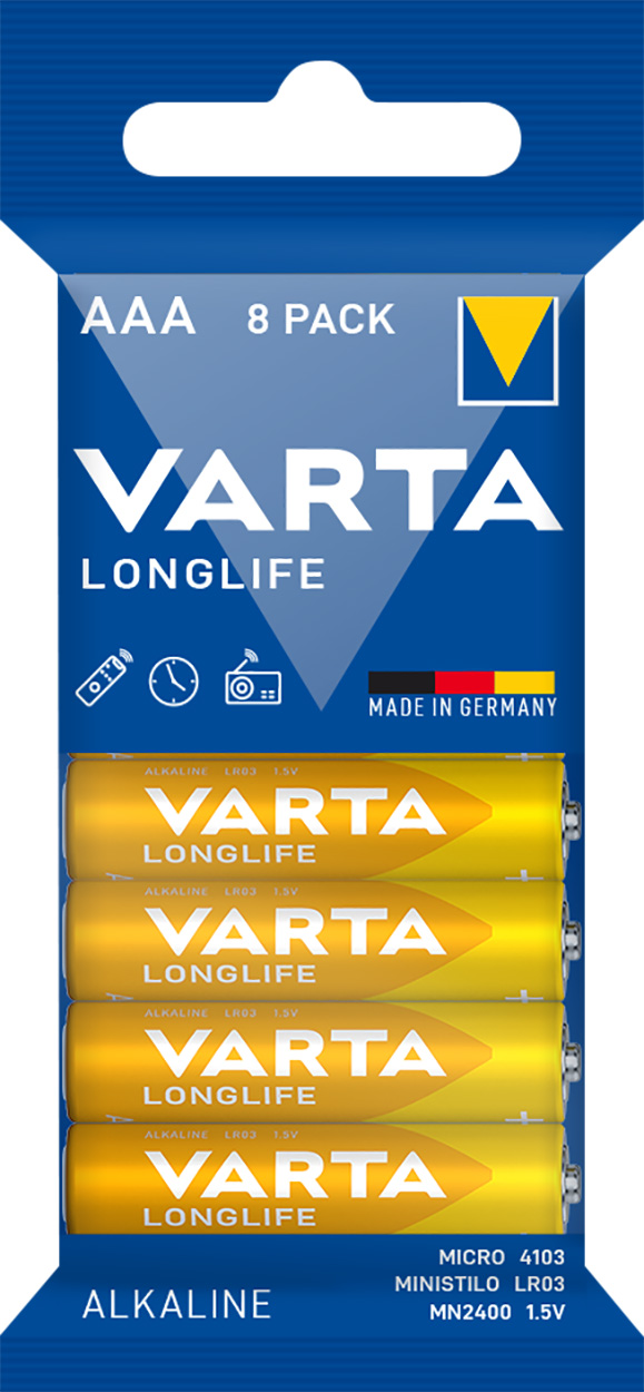 Varta Batterie Alkaline, Micro, AAA, LR03, 1.5V Longlife, Folienverpackung (8-Pack)