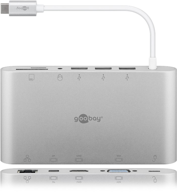 USB-C Multiport-Adapter aus Aluminium erweitert ein USB-C Gerät um einen Ethernet-, einen HDMI-, einen VGA-, einen Mini DisplayPort-, 3 USB-A 3.0- Anschlüsse, einen 3,5 mm-Klinkenanschluss sowie einen Kartenleser für SD- und Micro-SD-Karten