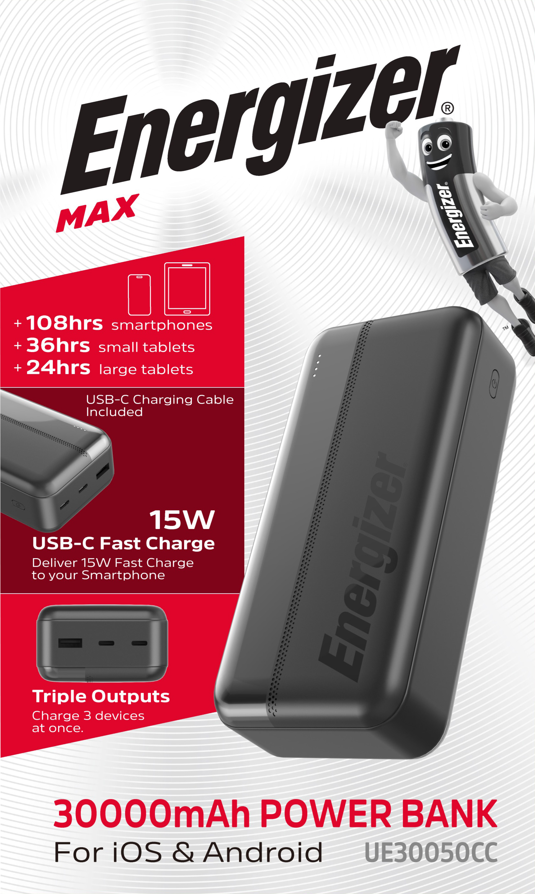 Energizer Akku Powerbank, 30.000mAh, UE30050CC, schwarz Max, 1x USB-A/2x USB-C, Retail