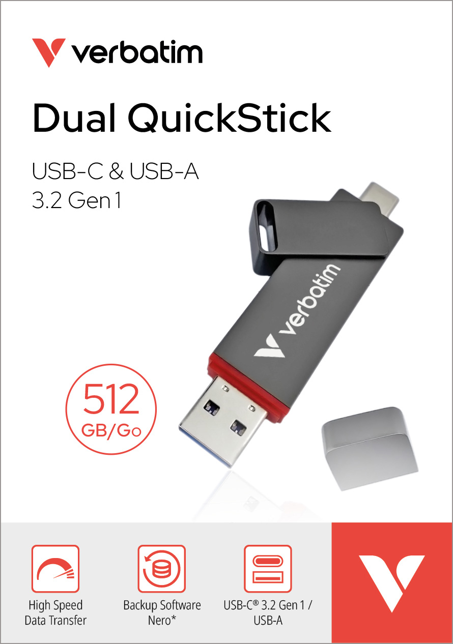 Verbatim USB 3.2 Stick 512GB, Dual, QuickStick Typ-A-C, (R) 550MB/s, (W) 500MB/s, Retail-Blister