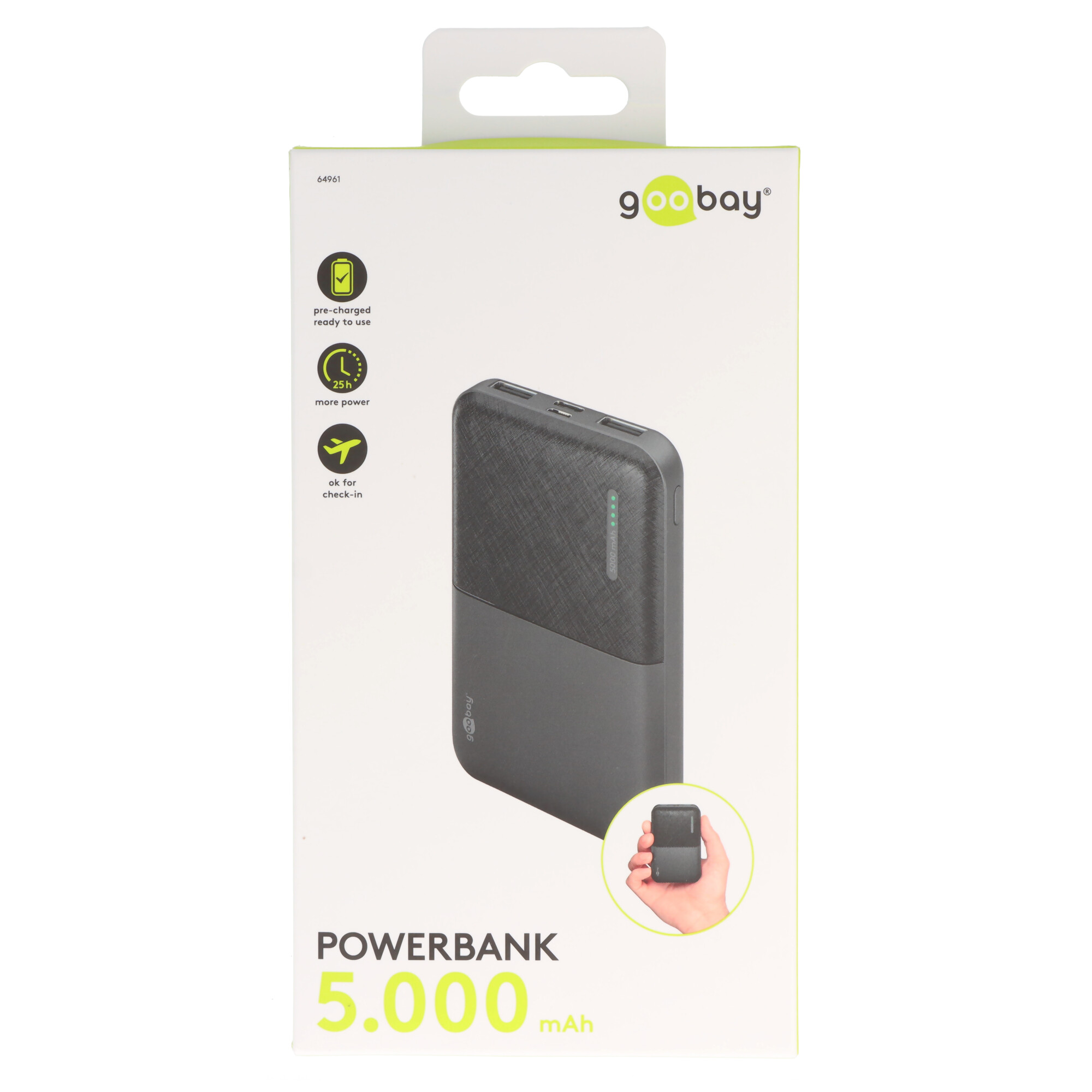 Powerbank Compact 5.000mAh, ultrakompakt und leicht, Anti-Rutsch Oberfläche, inkl. Ladekabel