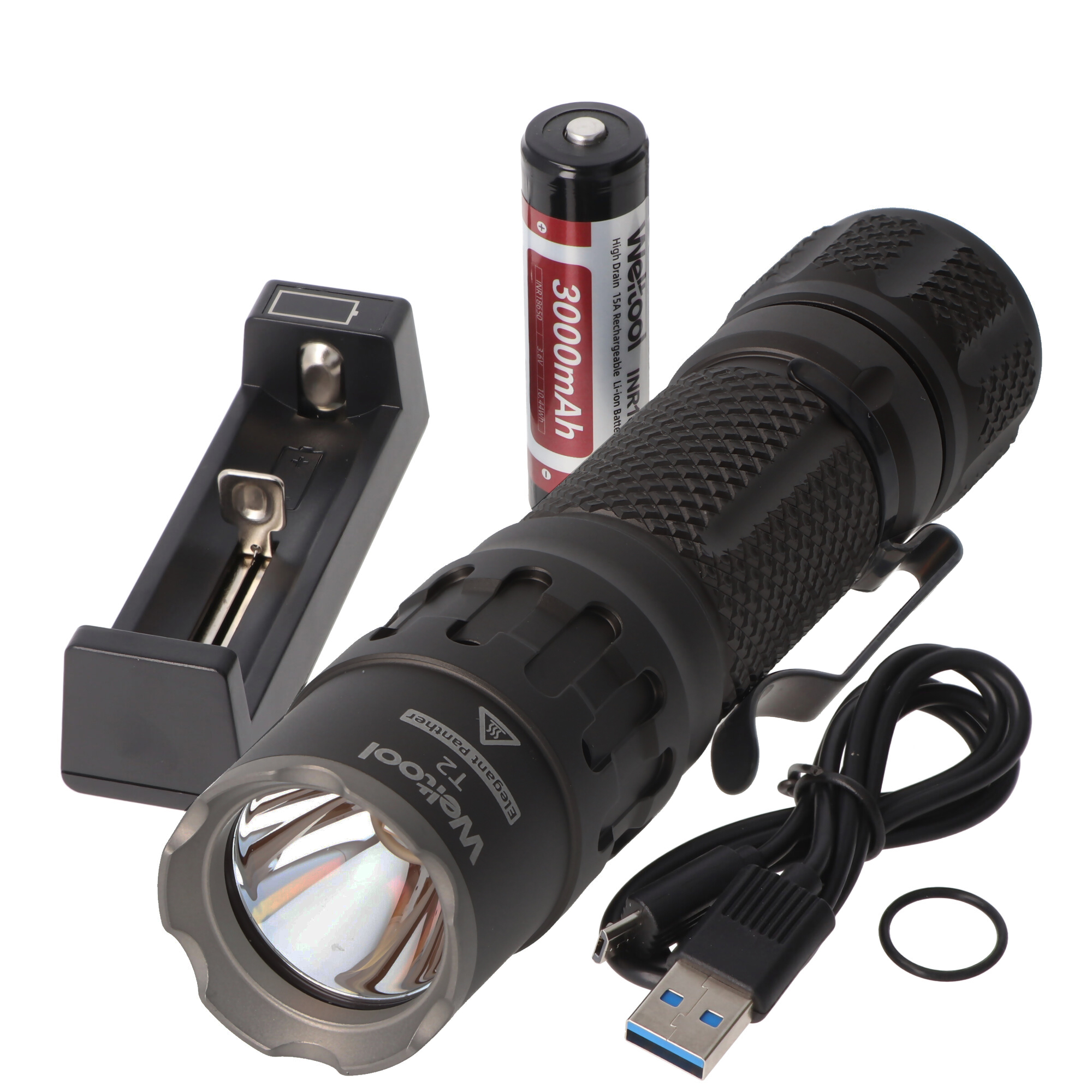 Weltool T2 leistungsstarke und kompakte LED-Taschenlampe mit 1.730 Lumen, Kühlstruktur mit Durchgangsbohrungen am Lampenkopf, inkl. Akku und Ladegerät